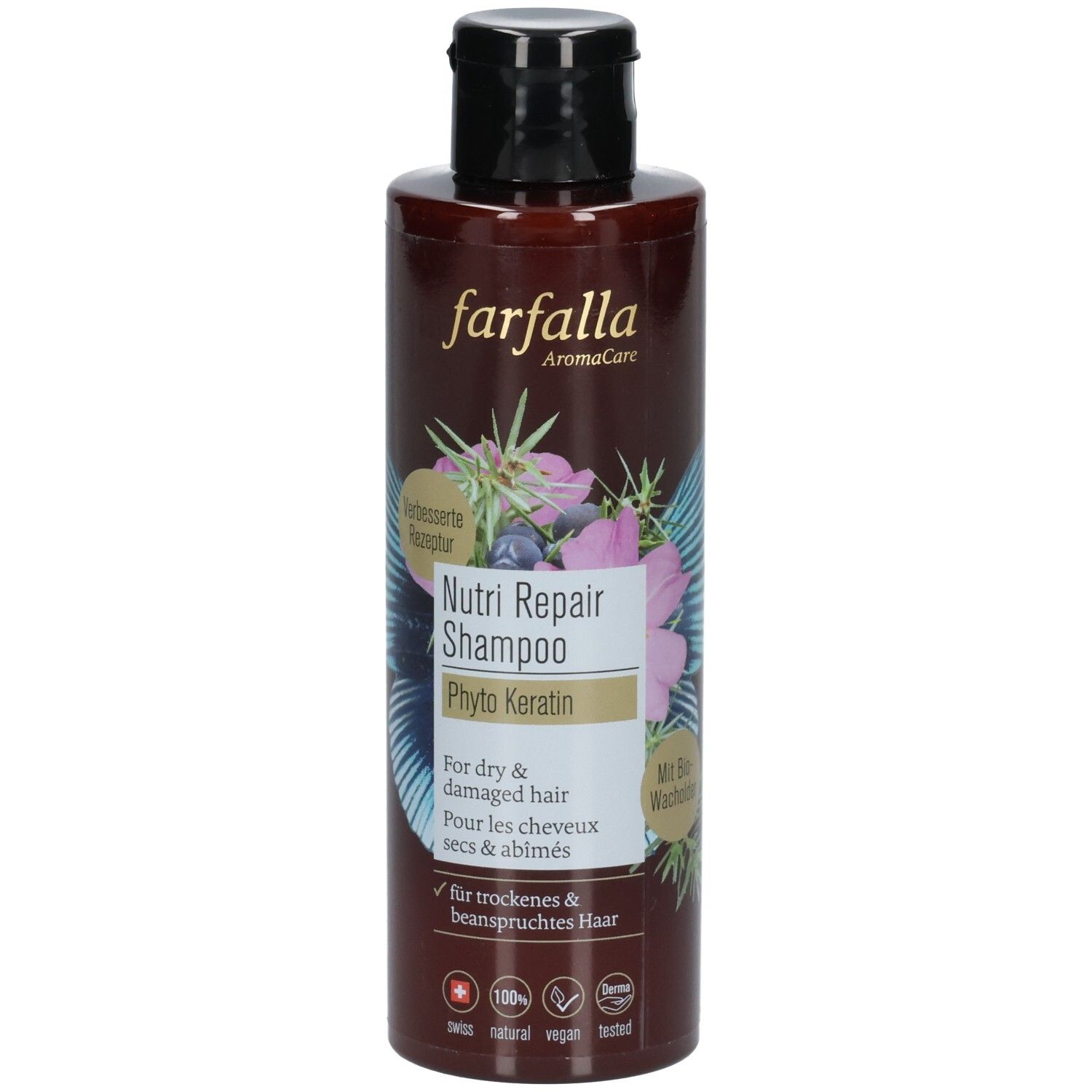 Flacon de shampooing brun avec bouchon noir. Inscription : Farfalla AromaCare, Nutri Repair Shampoo, Phyto Keratin. Pour cheveux secs et abîmés.