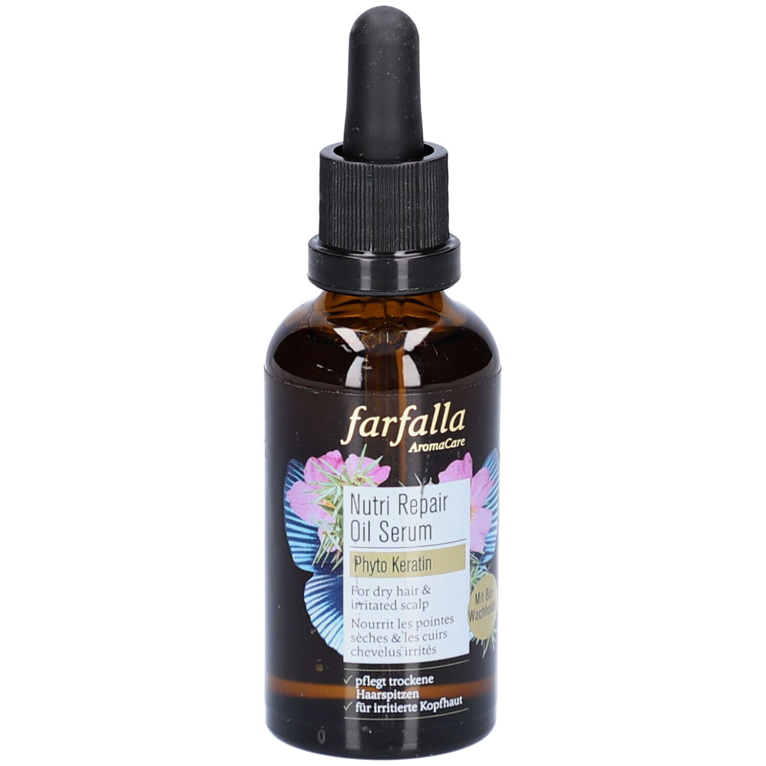 Flacon en verre brun avec bouchon noir et pipette. Étiquette avec nom du produit, motif floral et texte en allemand et anglais.