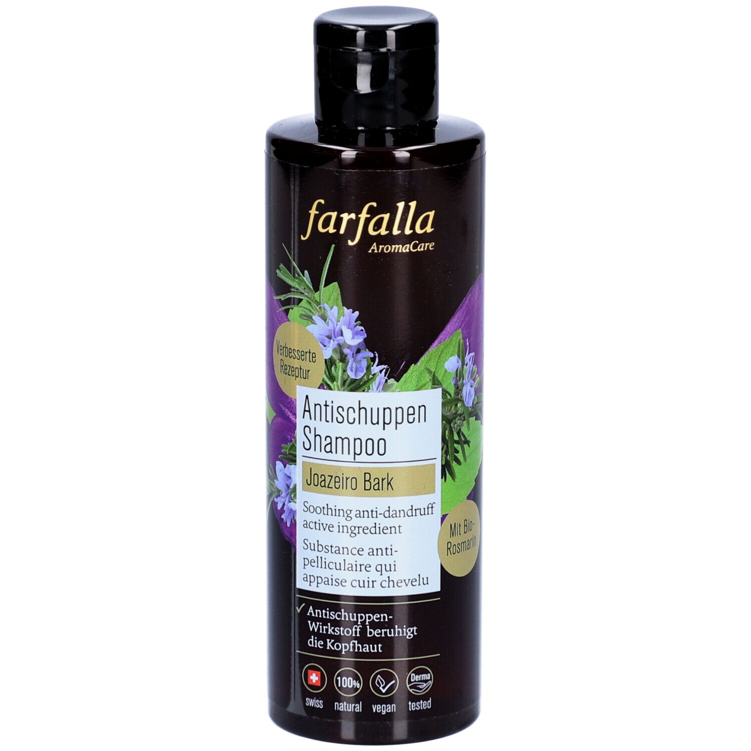 Flacon marron avec bouchon noir. Inscription: Farfalla Antischuppen Shampoo Joazeiro Bark. Avec logo et motif floral.
