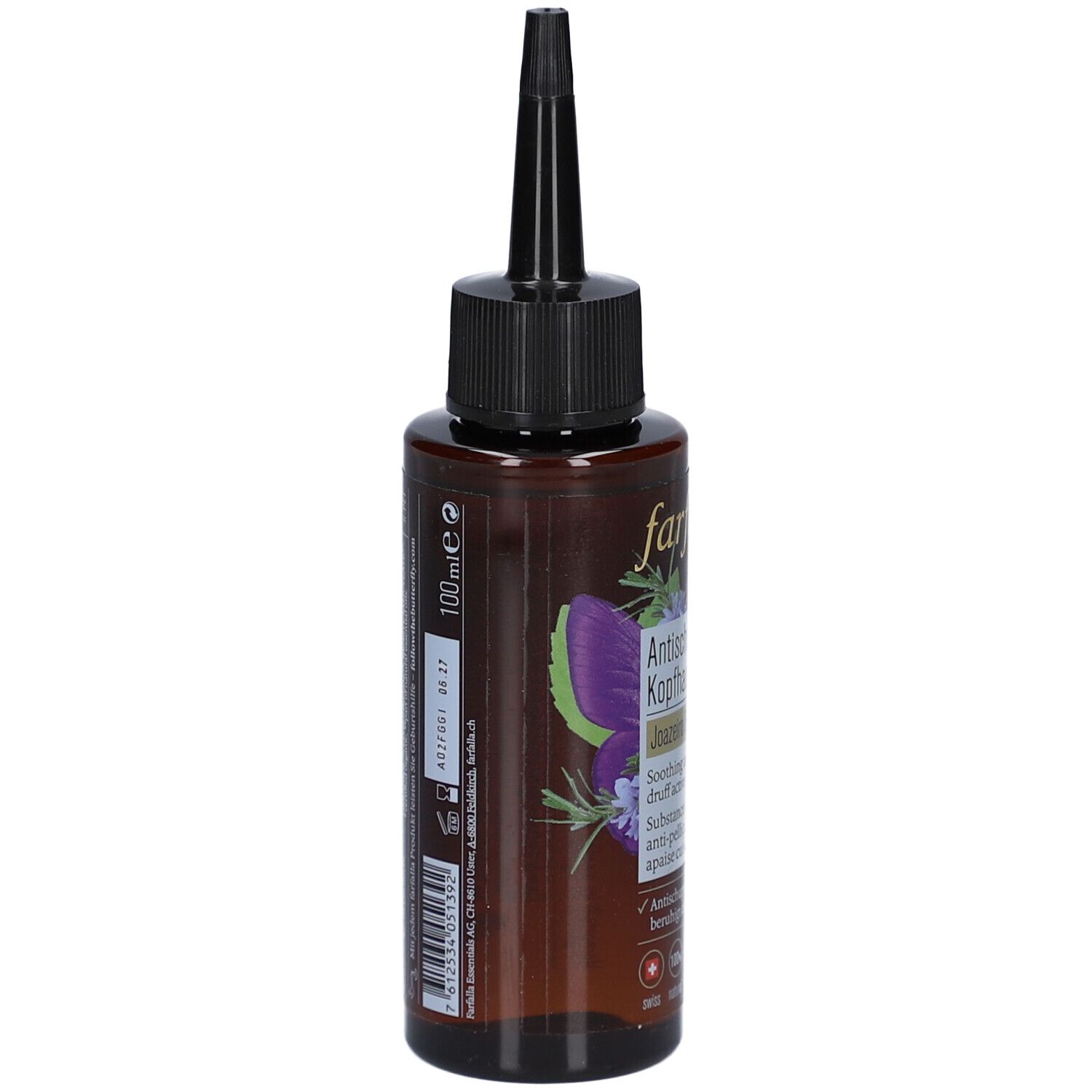 Flacon brun avec applicateur noir. Inscription: 100 ml. Informations sur le produit et code-barres.