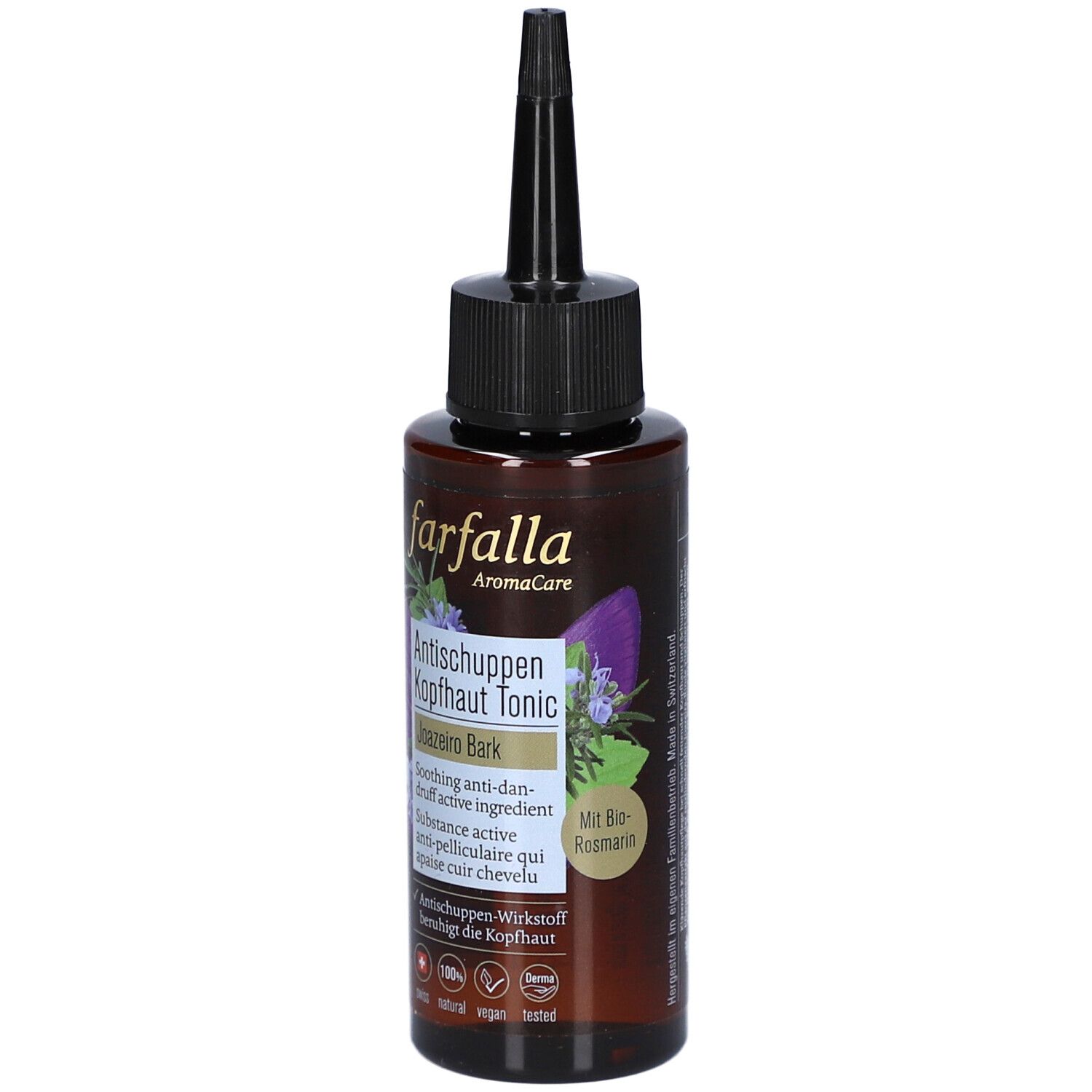 Flacon brun avec applicateur noir. Inscription: Farfalla, Tonic antipelliculaire pour le cuir chevelu. Avec romarin bio.