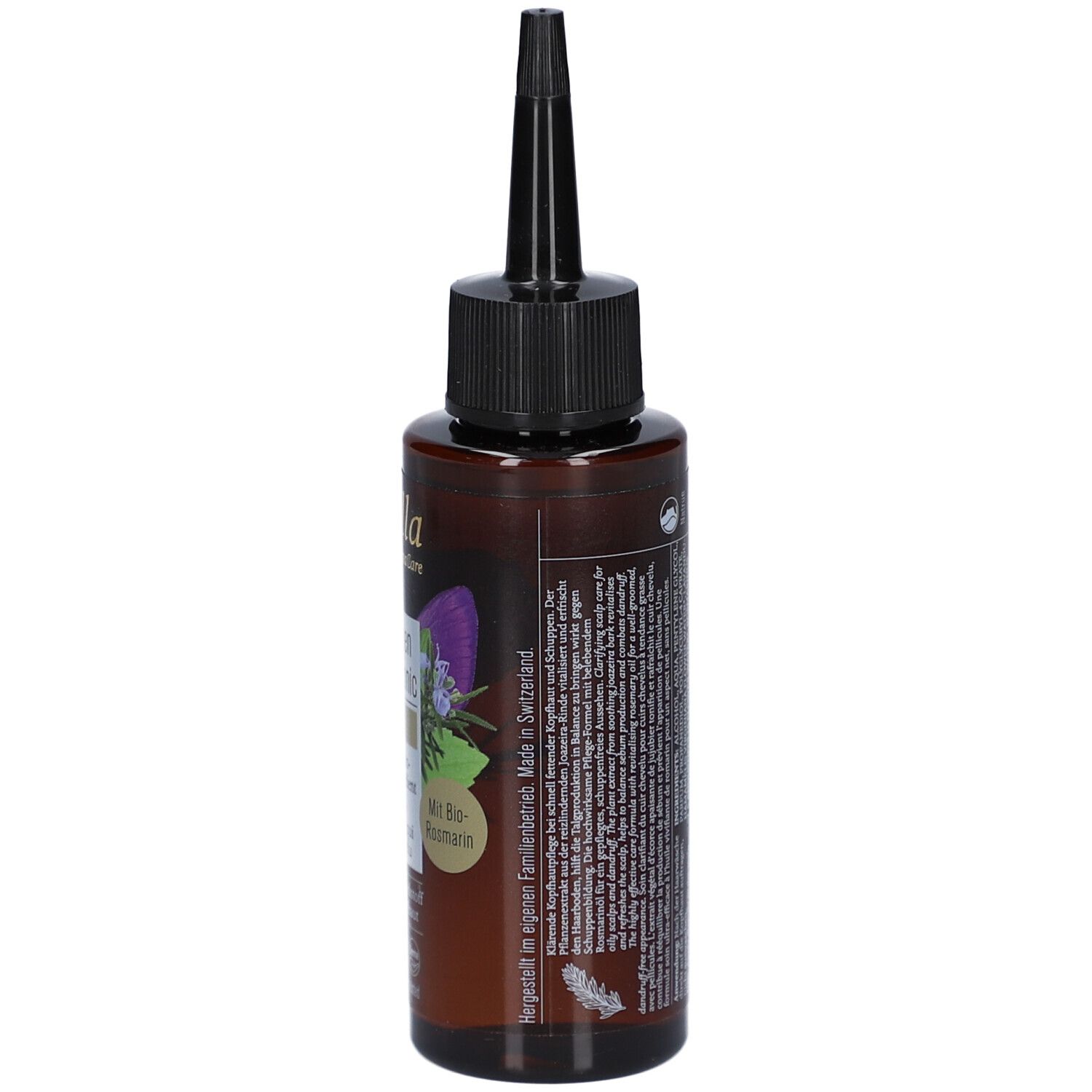 Flacon brun avec applicateur noir. Dos avec informations sur le produit et origine: Fabriqué en Suisse.