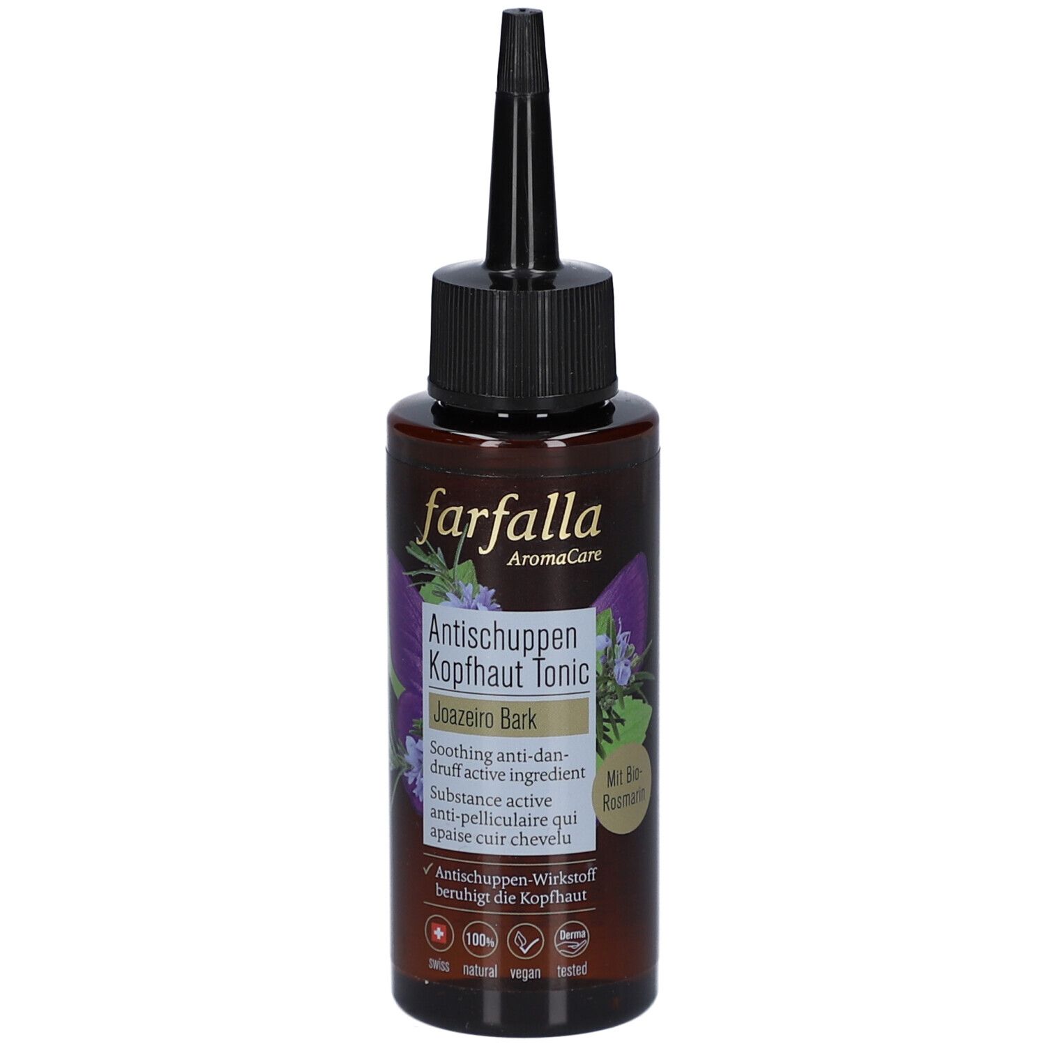 Flacon brun avec applicateur noir. Inscription: Farfalla, Tonic antipelliculaire pour le cuir chevelu. Avec romarin bio. Vegan.
