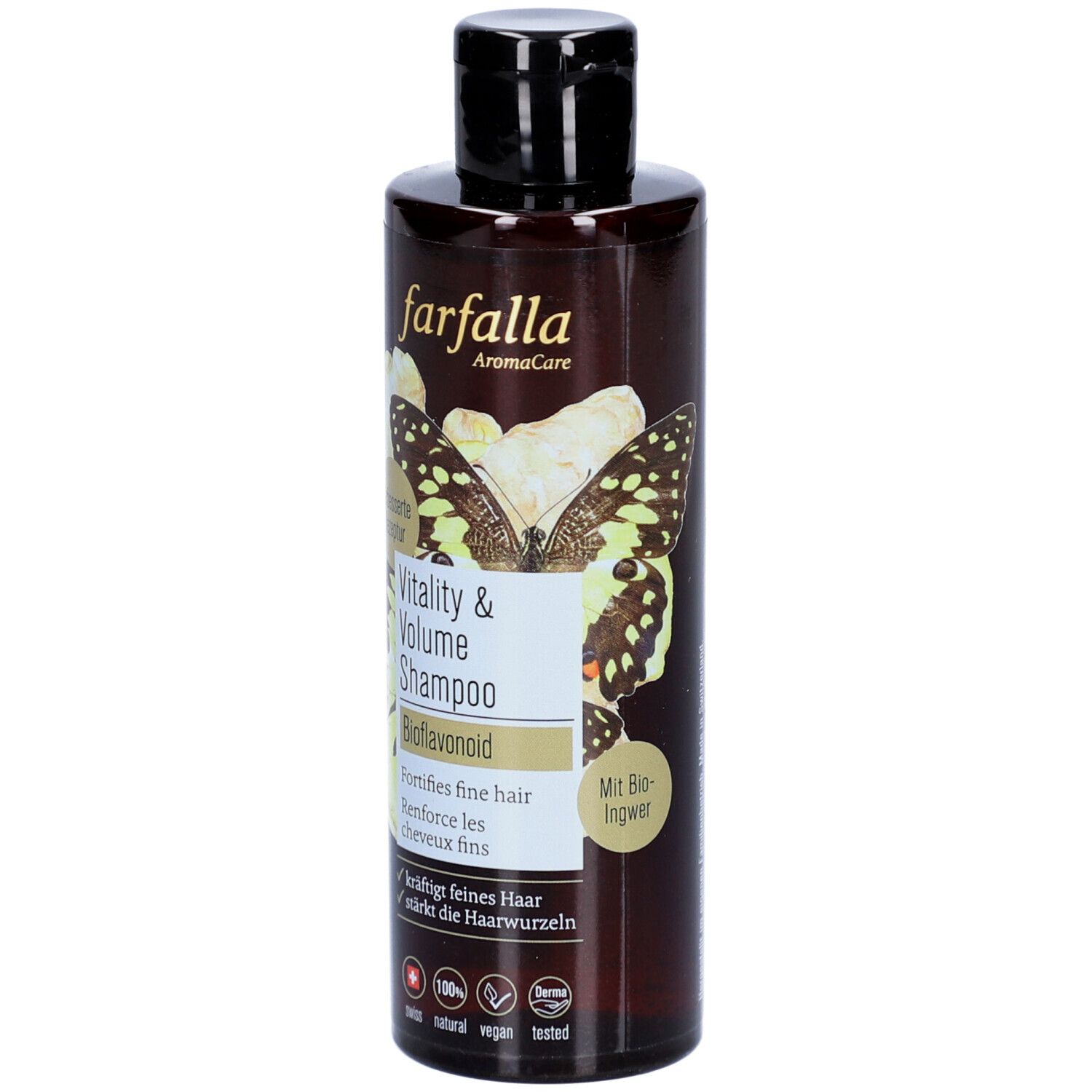 Flacon de shampooing brun avec bouchon noir. Inscription : farfalla AromaCare, Vitality & Volume Shampoo, Bioflavonoid. Motif papillon.