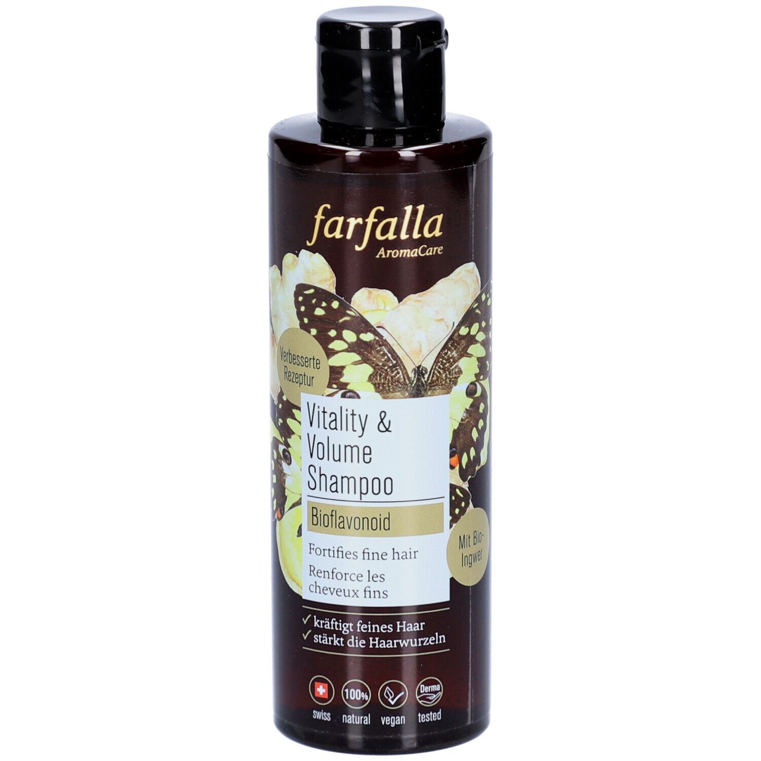 Flacon de shampooing brun avec bouchon noir. Inscription : farfalla AromaCare, Vitality & Volume Shampoo, Bioflavonoid. Motif papillon.