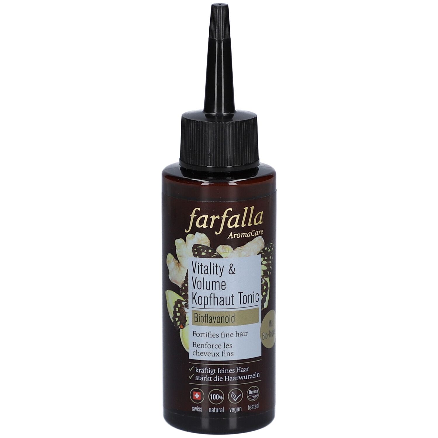 Flacon brun avec applicateur noir. Inscription: Farfalla AromaCare, Vitality & Volume Kopfhaut Tonic, Bioflavonoid. Avec label bio.