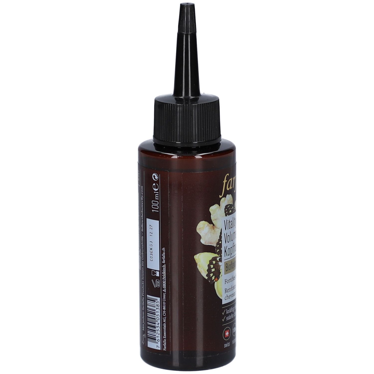 Flacon brun avec applicateur noir. Inscription: Farfalla AromaCare, Vitality & Volume Kopfhaut Tonic. Avec étiquette et code-barres.