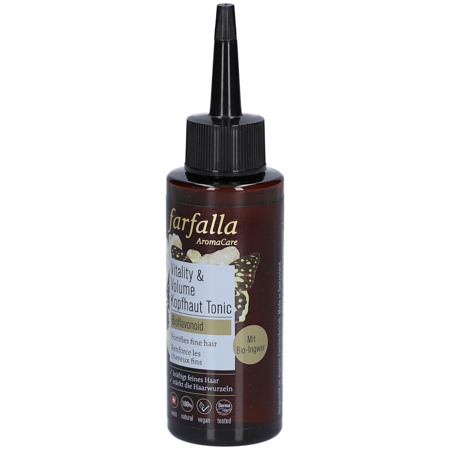 Flacon brun avec applicateur noir. Inscription: Farfalla AromaCare, Vitality & Volume Kopfhaut Tonic, Bioflavonoid. Avec label bio.