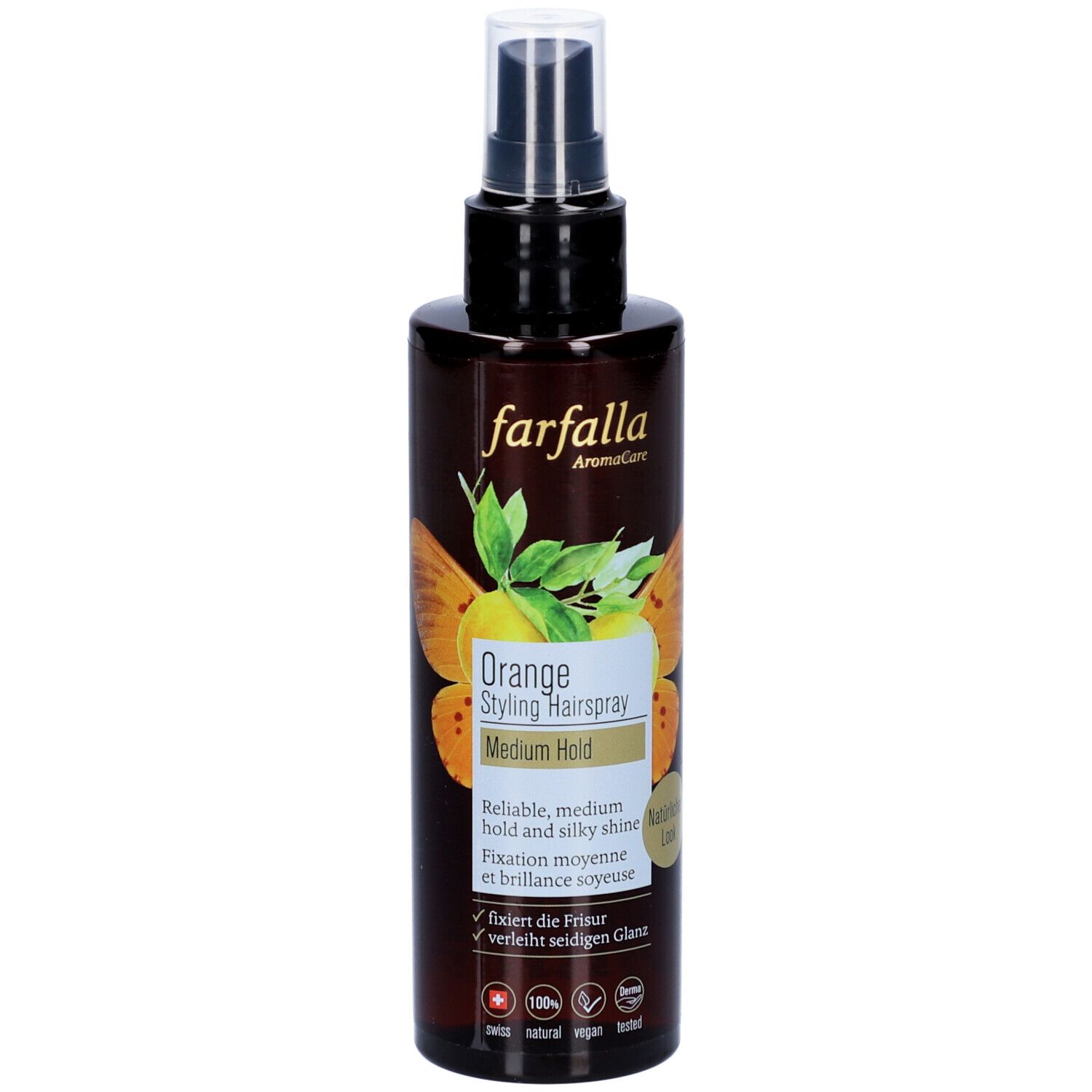 Flacon spray brun avec tête noire. Inscription: Farfalla Orange Styling Haarspray. Medium Hold. Logo et certifications visibles.