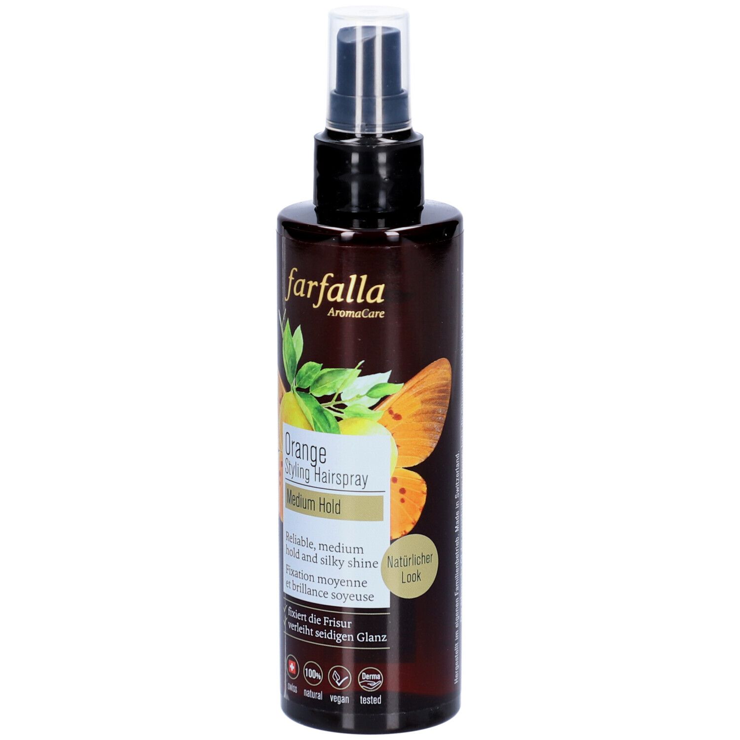 Flacon spray brun avec tête noire. Inscription: Farfalla Orange Styling Haarspray. Medium Hold. Logo et certifications visibles.