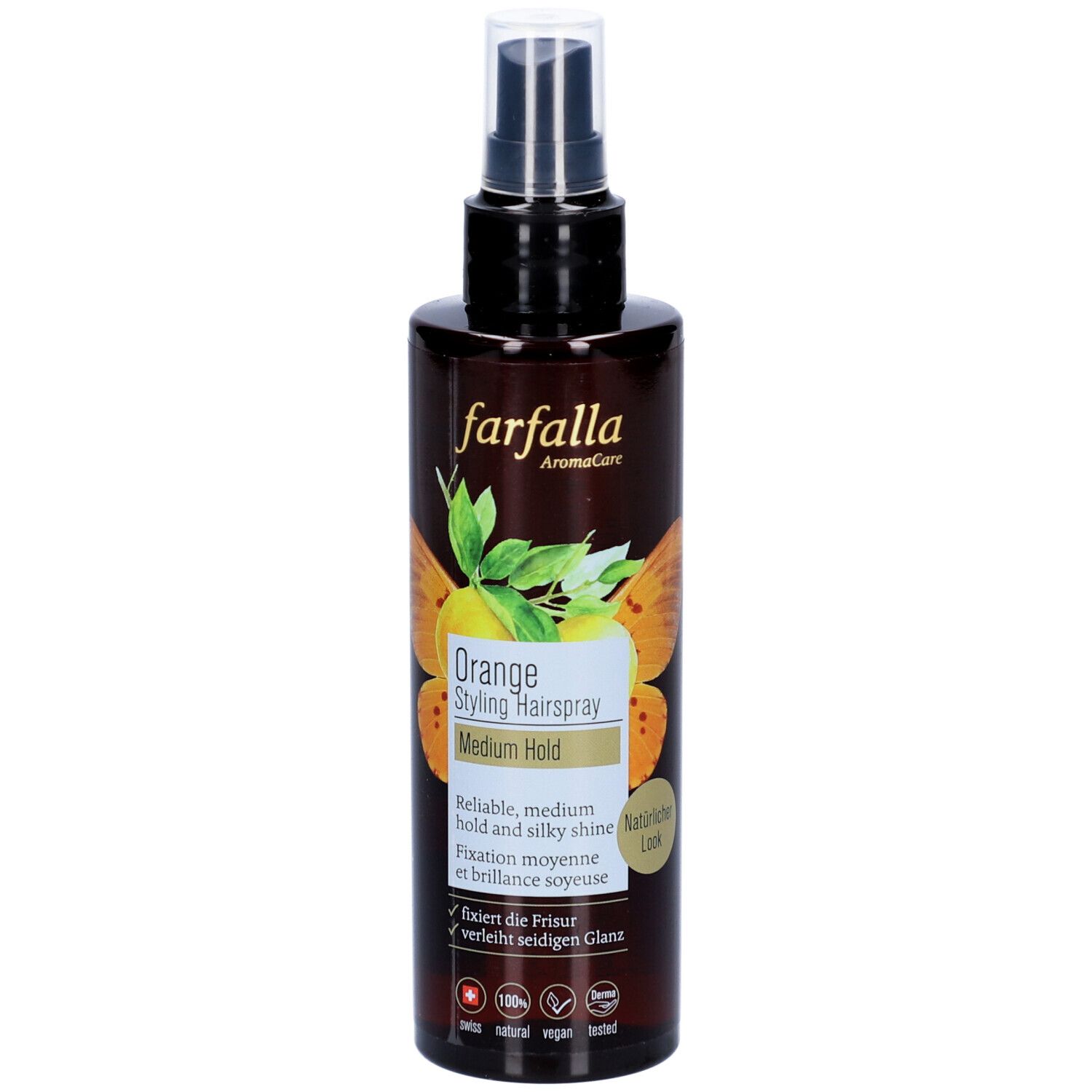 Flacon spray brun avec tête noire. Inscription: Farfalla Orange Styling Haarspray. Medium Hold. Logo et certifications visibles.