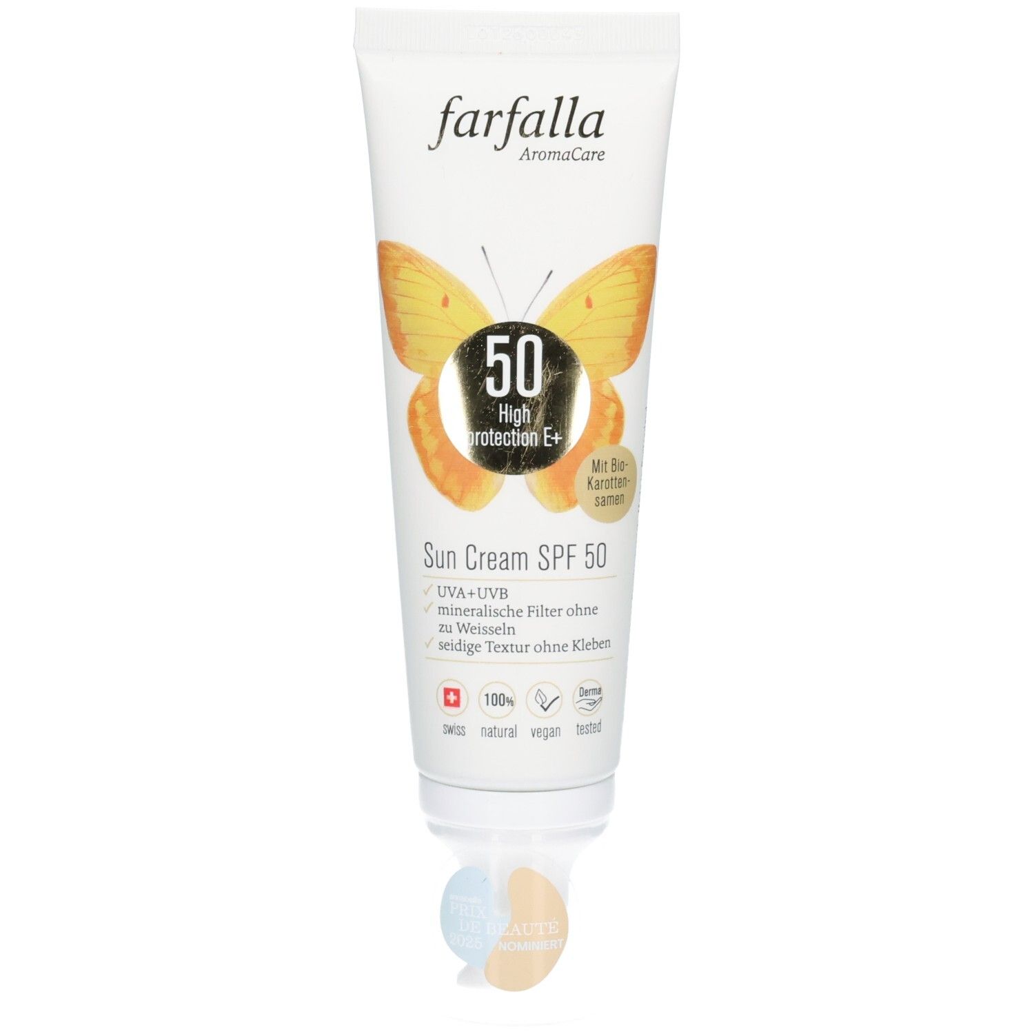 Tube de crème solaire Farfalla SPF 50. Motif papillon. Filtres minéraux. Contient de l'huile de carotte bio. Texture légère.
