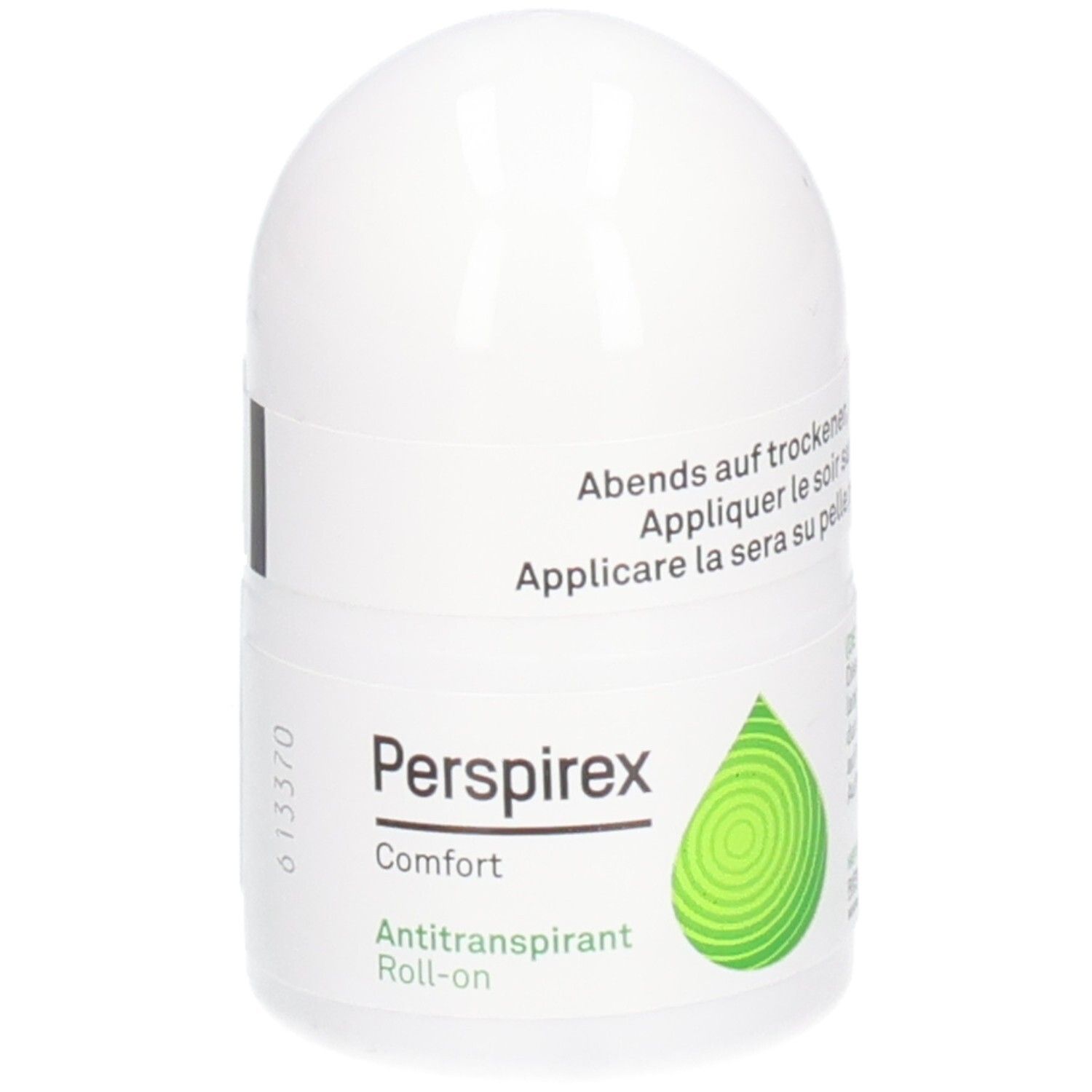 Roll-on Perspirex Comfort Antitranspirant. Flacon blanc avec logo goutte verte. Texte: Antitranspirant Roll-on.