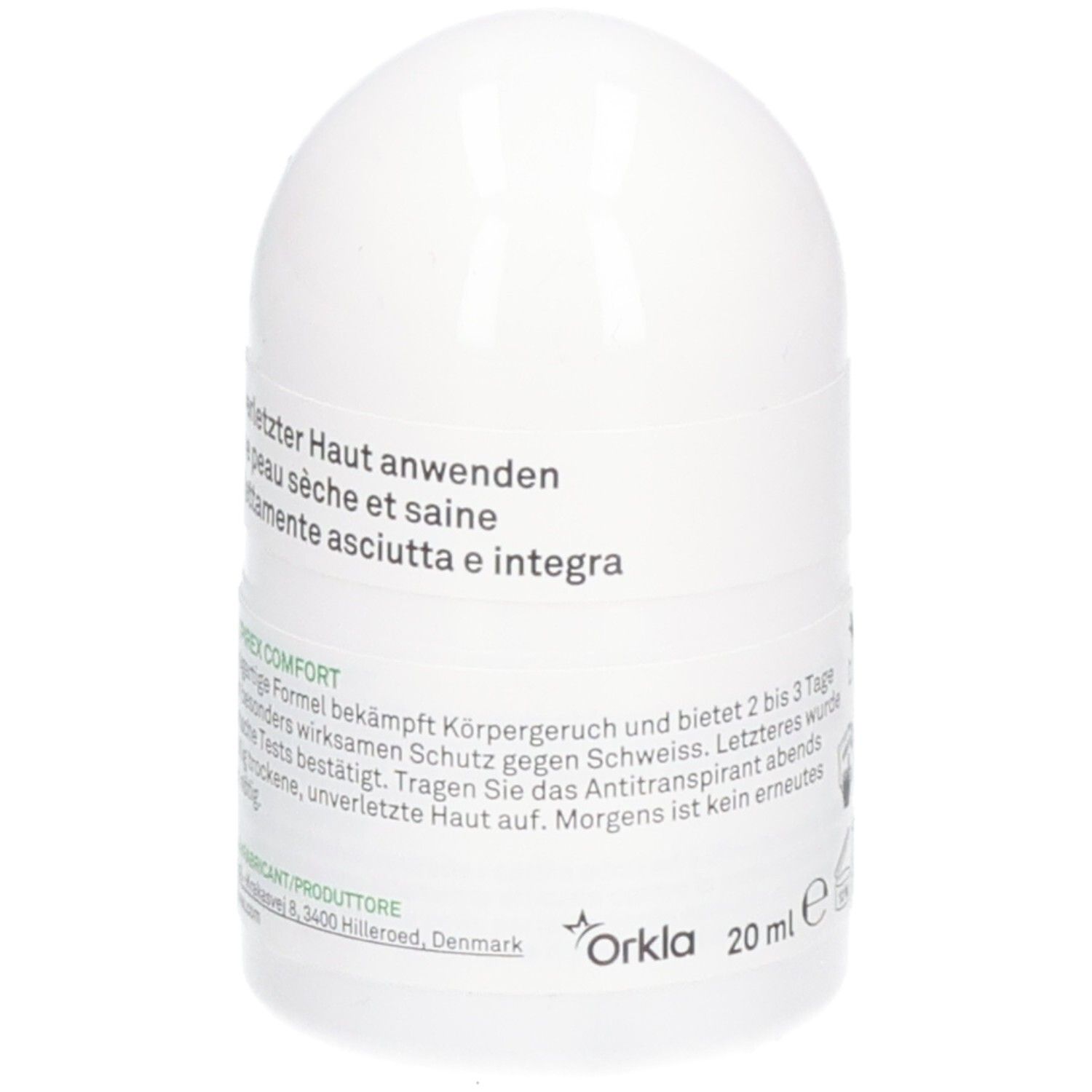 Roll-on Perspirex Comfort Antitranspirant. Flacon blanc. Texte: Orkla, 20 ml. Instructions d'utilisation.