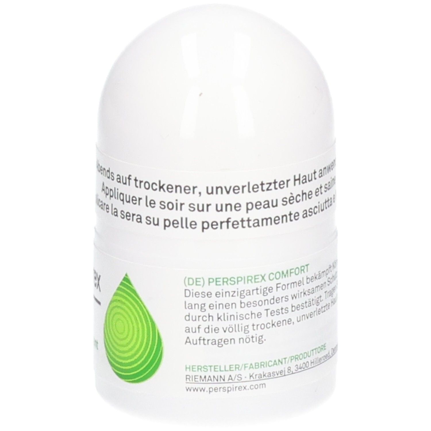 Roll-on Perspirex Comfort Antitranspirant. Flacon blanc. Texte: (DE) Perspirex Comfort, informations fabricant.