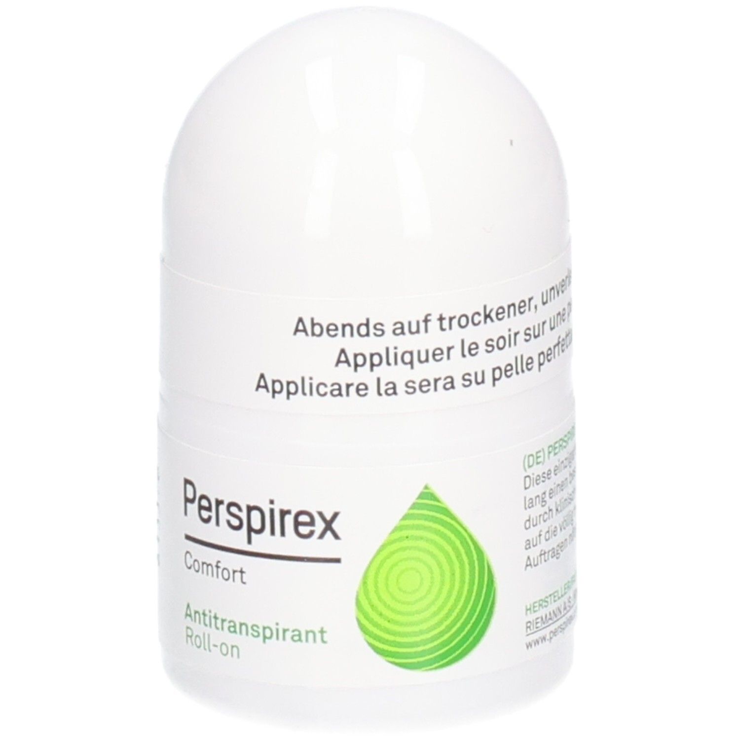 Roll-on Perspirex Comfort Antitranspirant. Flacon blanc avec logo goutte verte. Texte: Antitranspirant Roll-on.