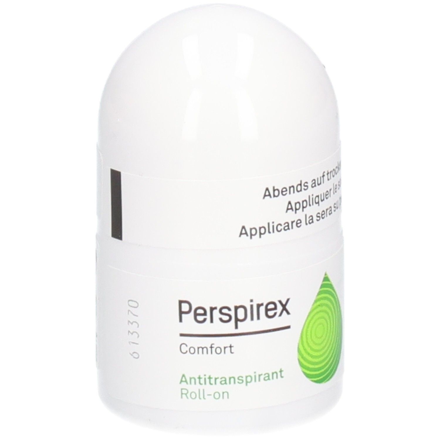 Roll-on Perspirex Comfort Antitranspirant. Flacon blanc avec logo goutte verte. Texte: Antitranspirant Roll-on.