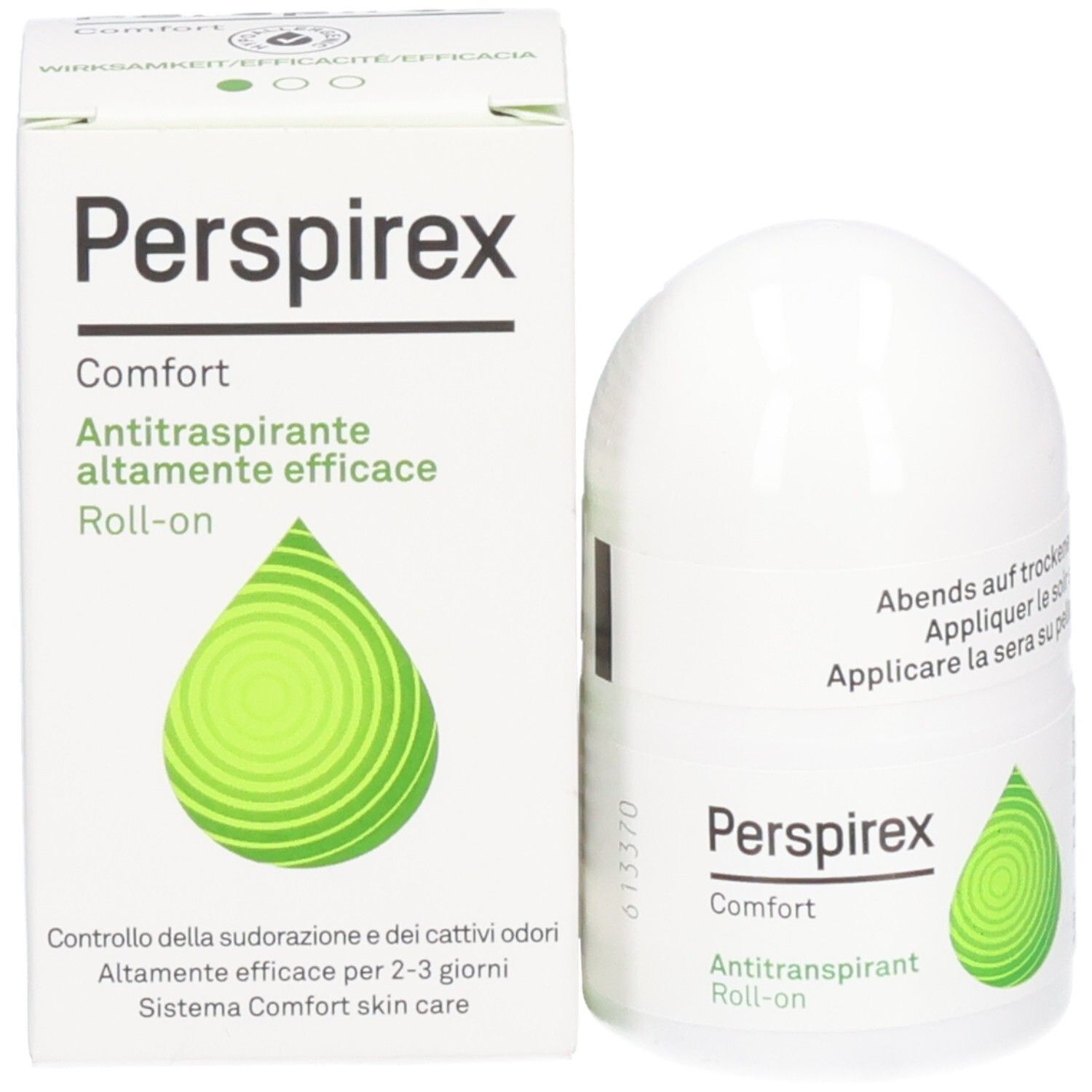 Perspirex Comfort Antitranspirant Roll-on et emballage. Emballage et roll-on blancs. Texte: Antitraspirante altamente efficace.