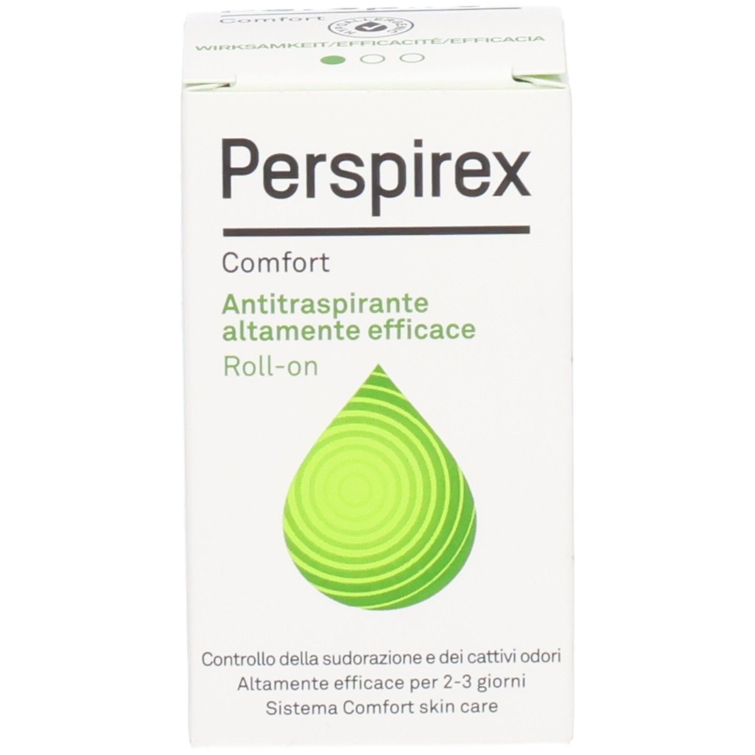 Emballage Perspirex Comfort Antitranspirant. Emballage blanc. Texte: Antitraspirante altamente efficace. Logo goutte verte.