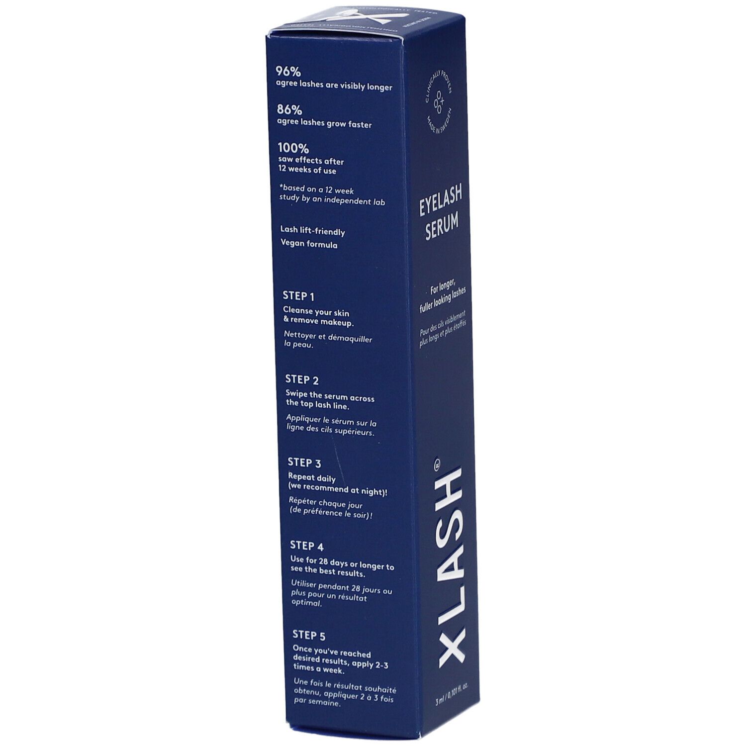 Dos de la boîte de Xlash Eyelash Serum. Texte : 96% cils plus longs, 86% croissance plus rapide, formule vegan. Instructions d'utilisation.