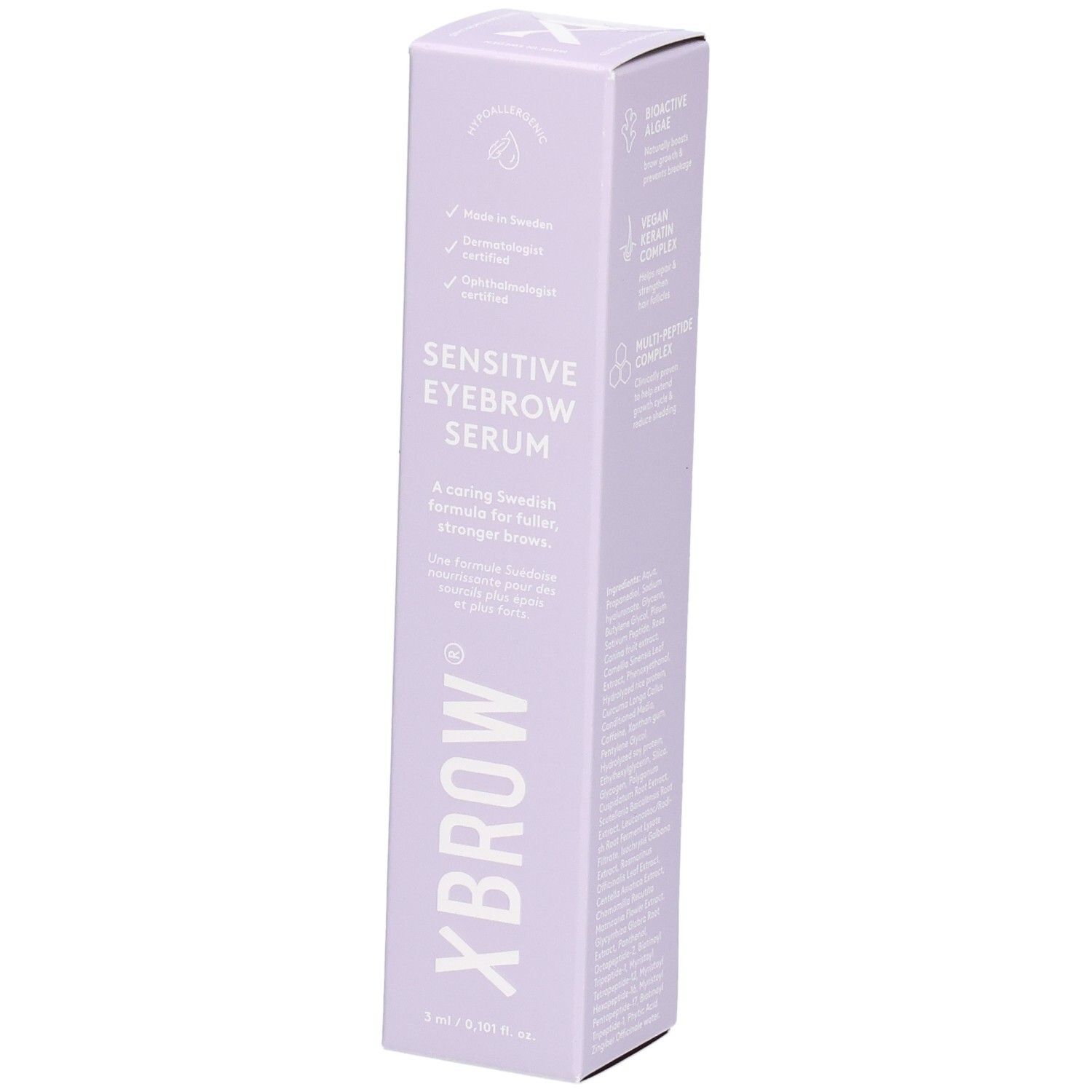 Boîte lilas clair avec nom et logo du produit. Texte: Sensitive Eyebrow Serum. Marque: Xbrow. 5 ml.