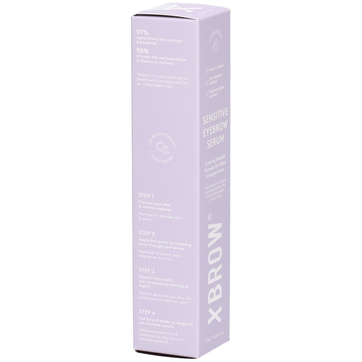 Boîte lilas clair avec texte. Texte: 97% confirment des sourcils plus forts. Marque: Xbrow. Instructions.
