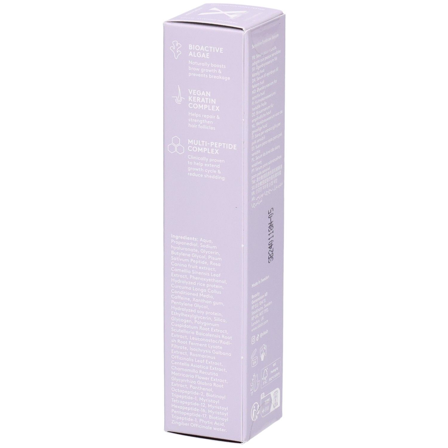 Boîte lilas clair avec texte. Texte: Algues bioactives, Complexe de kératine végétal, Complexe multi-peptides. Marque: Xbrow.