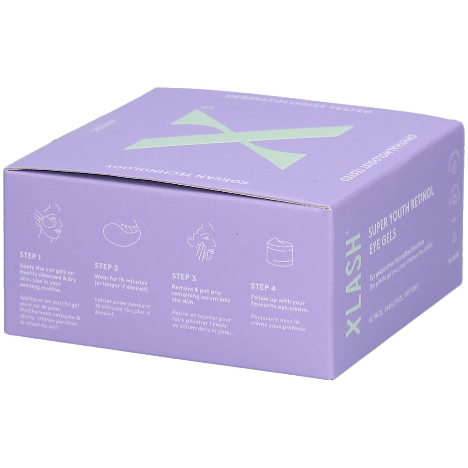 Boîte lilas "XLASH" et "SUPER YELS RETINOL EYE GELS". Instructions en 4 étapes. Technologie coréenne.