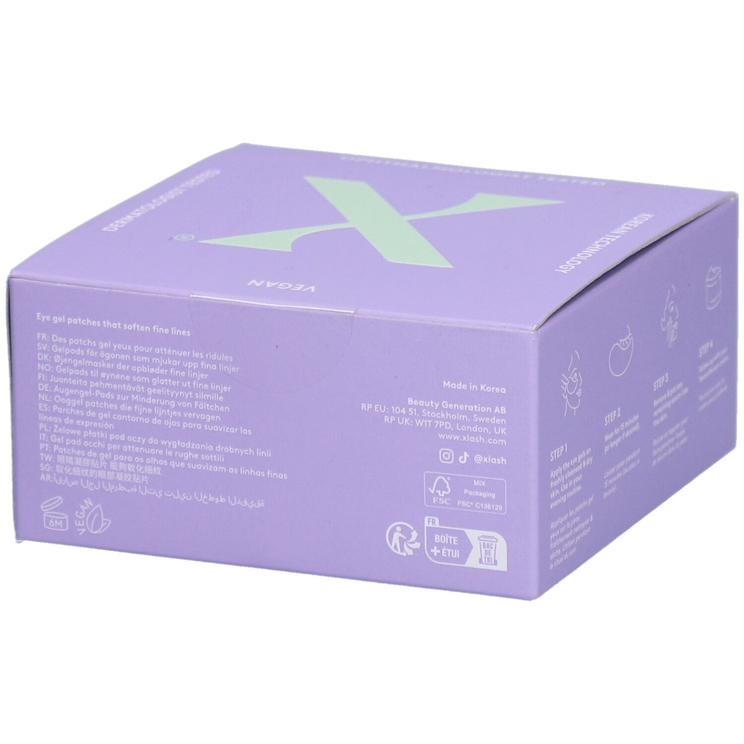 Boîte lilas "XLASH" et "SUPER YOUTH RETINOL EYE GELS". Végétalien. Informations sur les ingrédients et le fabricant.