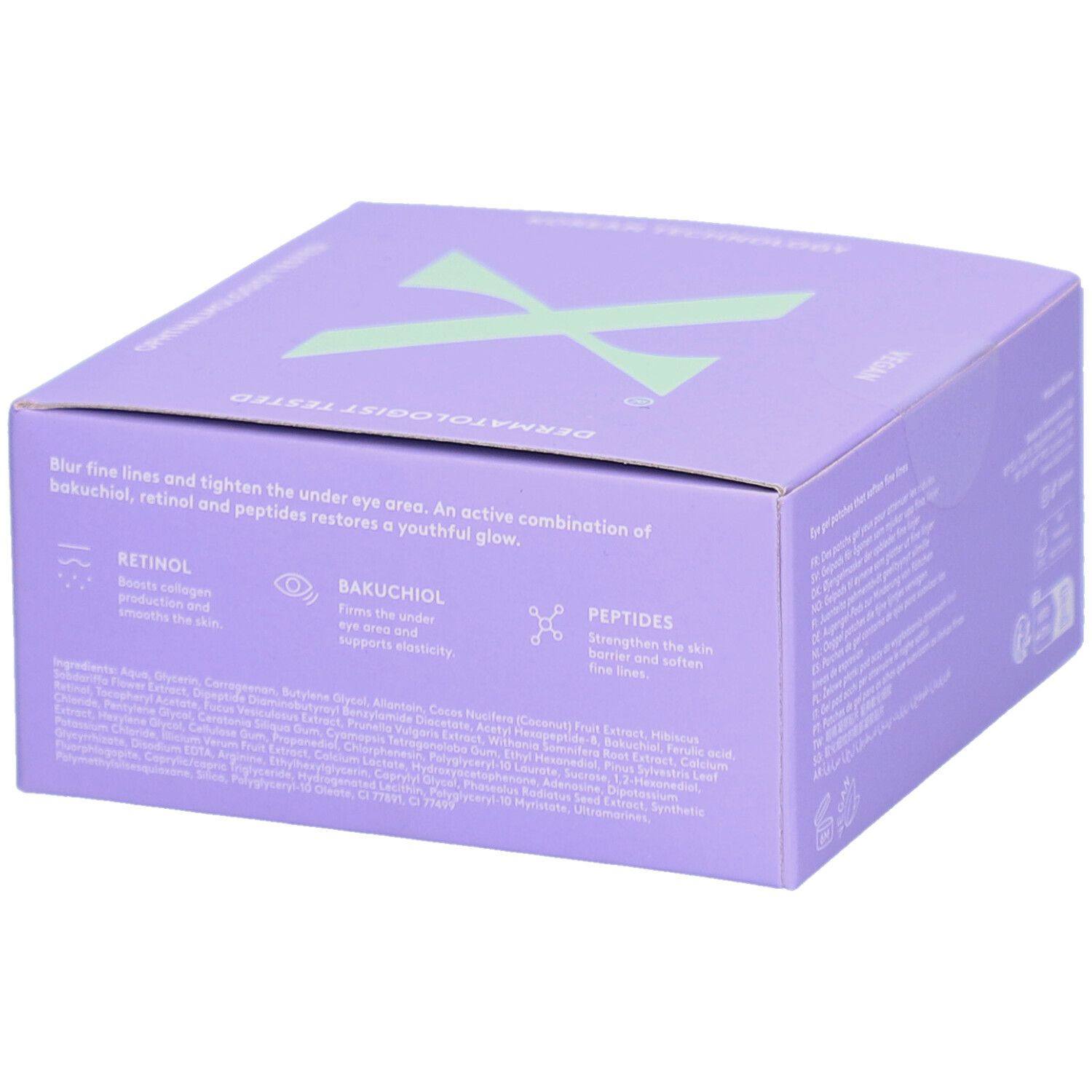 Boîte lilas "XLASH" et "SUPER YOUTH RETINOL EYE GELS". Testé par des dermatologues. Ingrédients: Rétinol, Bakuchiol, Peptides.