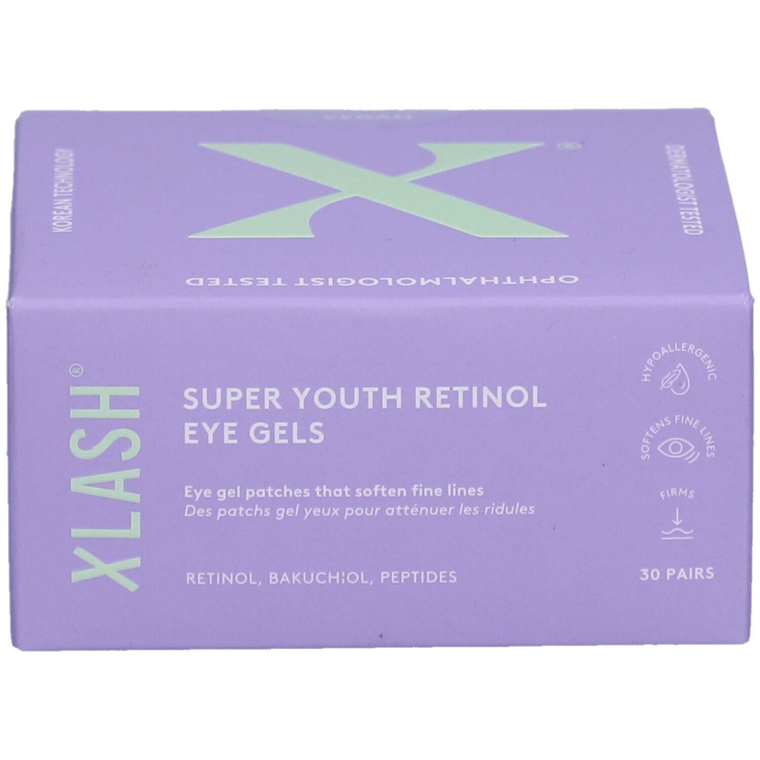 Boîte lilas "XLASH" et "SUPER YOUTH RETINOL EYE GELS". Contient 30 paires. Testé par des ophtalmologistes. Hypoallergénique.