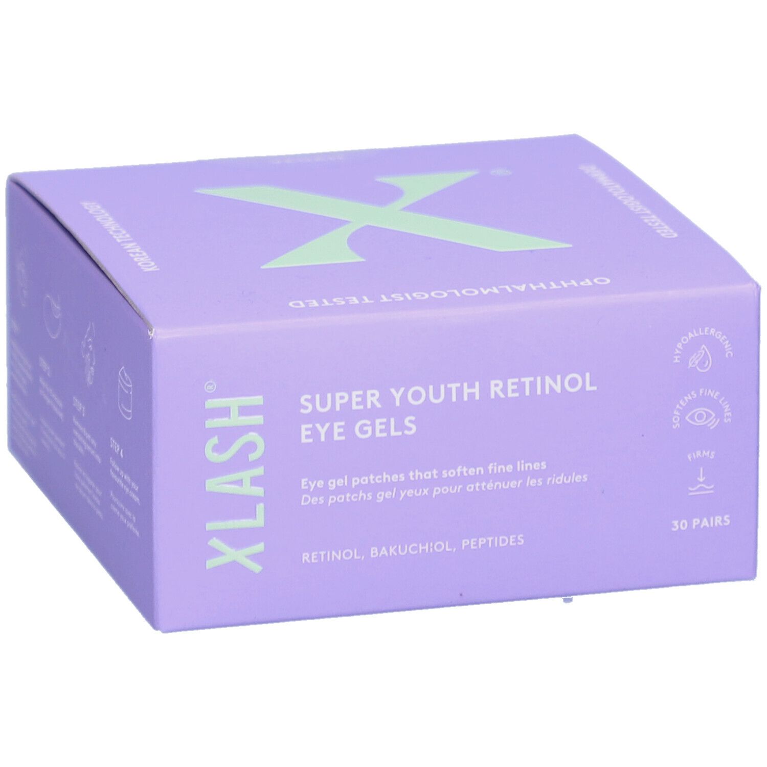 Boîte lilas "XLASH" et "SUPER YOUTH RETINOL EYE GELS". Contient 30 paires. Testé par des ophtalmologistes. Hypoallergénique.