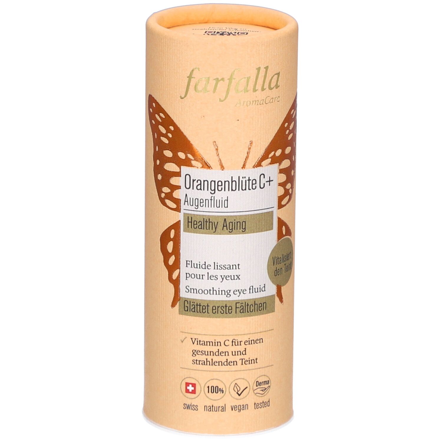 Emballage cylindrique. Inscription: farfalla, Orangenblüte C+ Augenfluid, Healthy Aging. Motif papillon. Croix suisse.