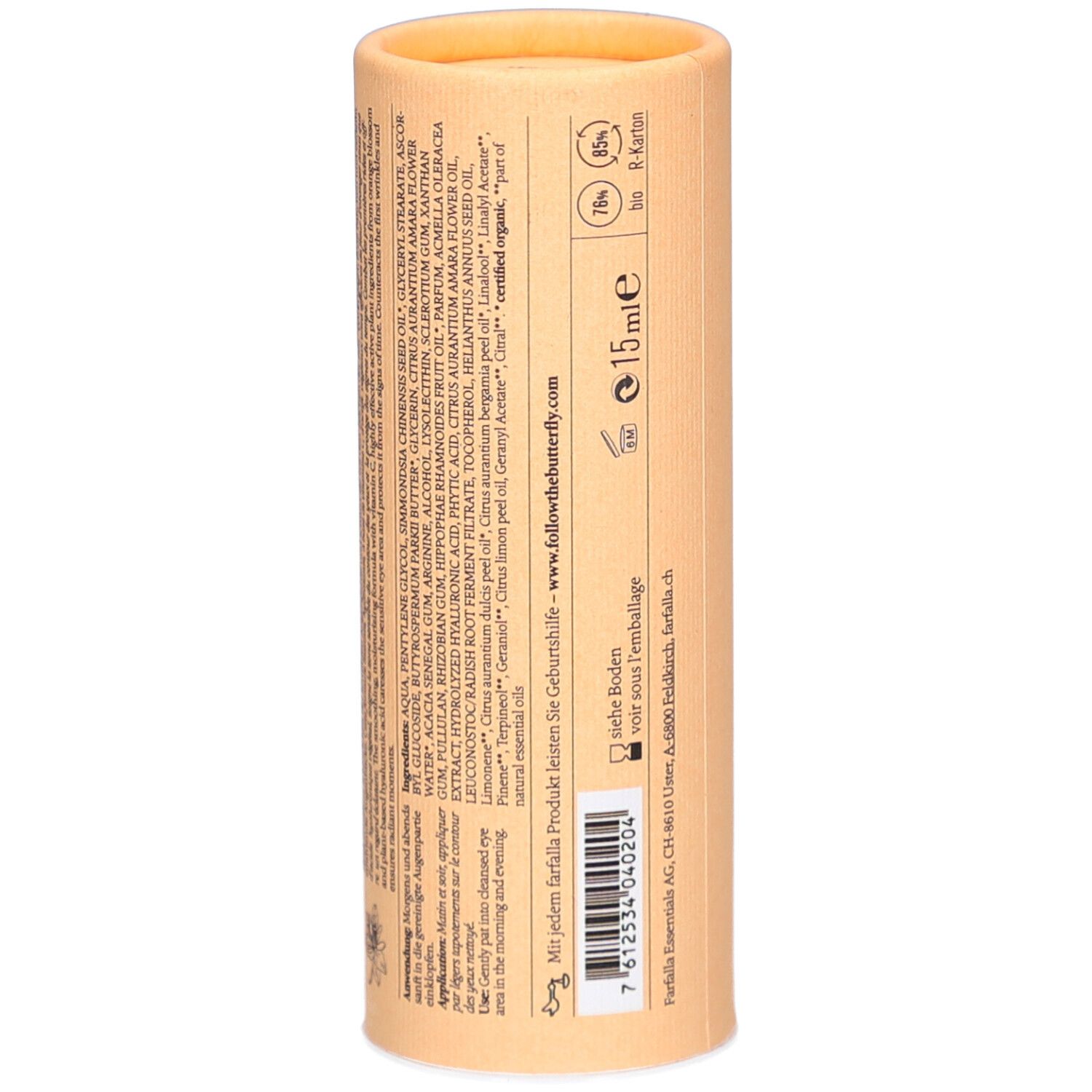 Dos de l'emballage cylindrique. Ingrédients, instructions d'utilisation, code-barres, 15ml. Texte multilingue.