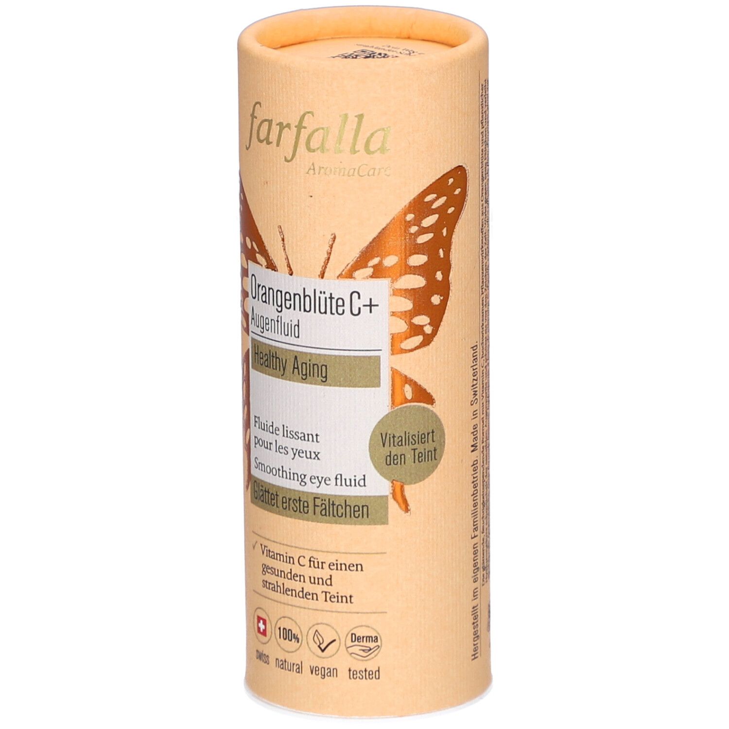 Emballage cylindrique. Inscription: farfalla, Orangenblüte C+ Augenfluid, Healthy Aging. Motif papillon. Croix suisse.