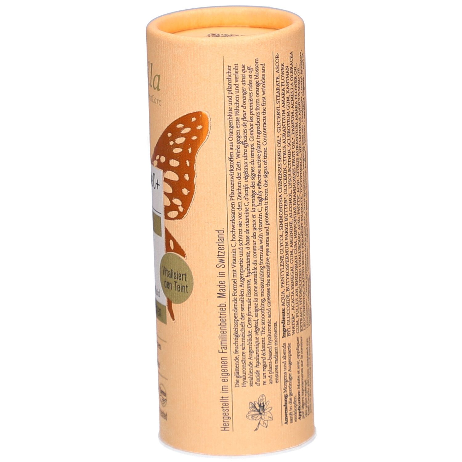 Dos de l'emballage cylindrique. Ingrédients, instructions d'utilisation, code-barres, 15ml. Texte multilingue.