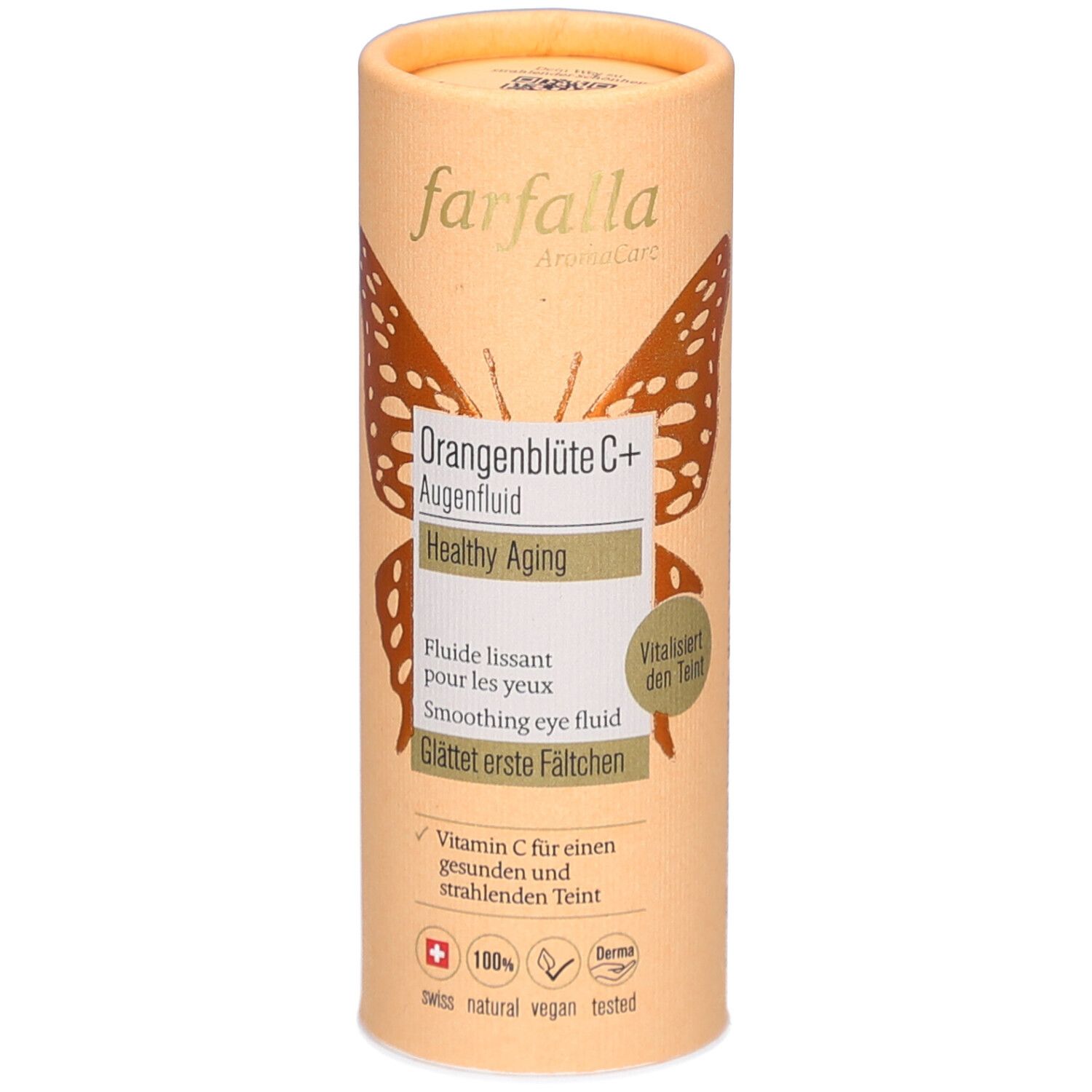 Emballage cylindrique. Inscription: farfalla, Orangenblüte C+ Augenfluid, Healthy Aging. Motif papillon. Croix suisse.