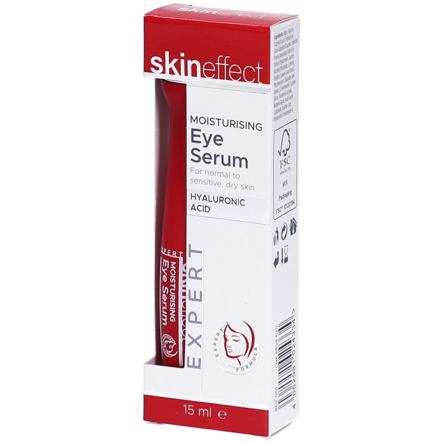 Sérum pour les yeux en tube rouge et emballage. Marque : skineffect. Texte : MOISTURISING Eye Serum, HYALURONIC ACID. 15 ml.