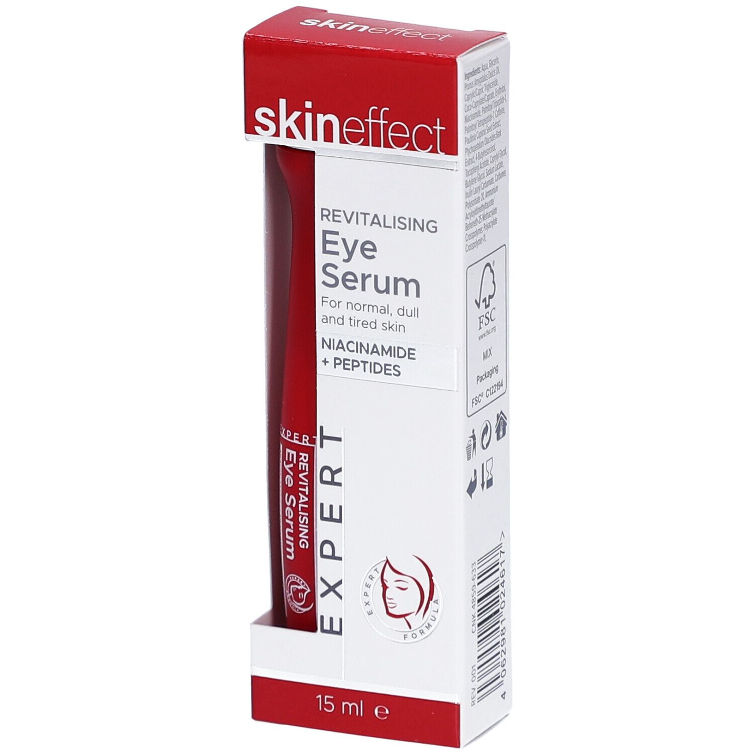 Sérum yeux revitalisant SKINEFFECT dans son emballage. Tube rouge dans boîte blanche et rouge. Inscriptions : nom, désignation, ingrédients, 15 ml.