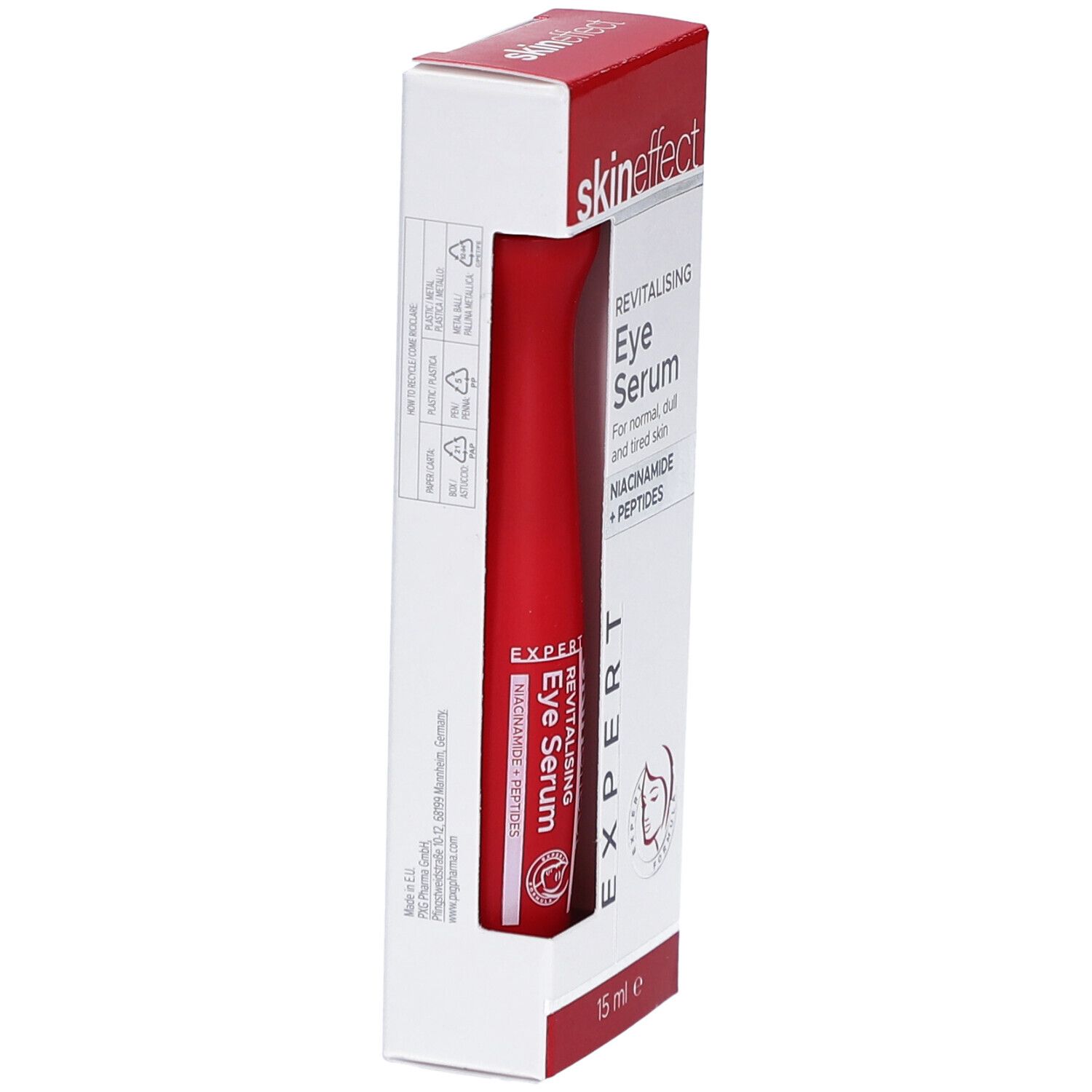 Sérum yeux SKINEFFECT dans son emballage. Tube rouge dans boîte blanche et rouge. Inscriptions : nom, désignation, ingrédients, 15 ml.
