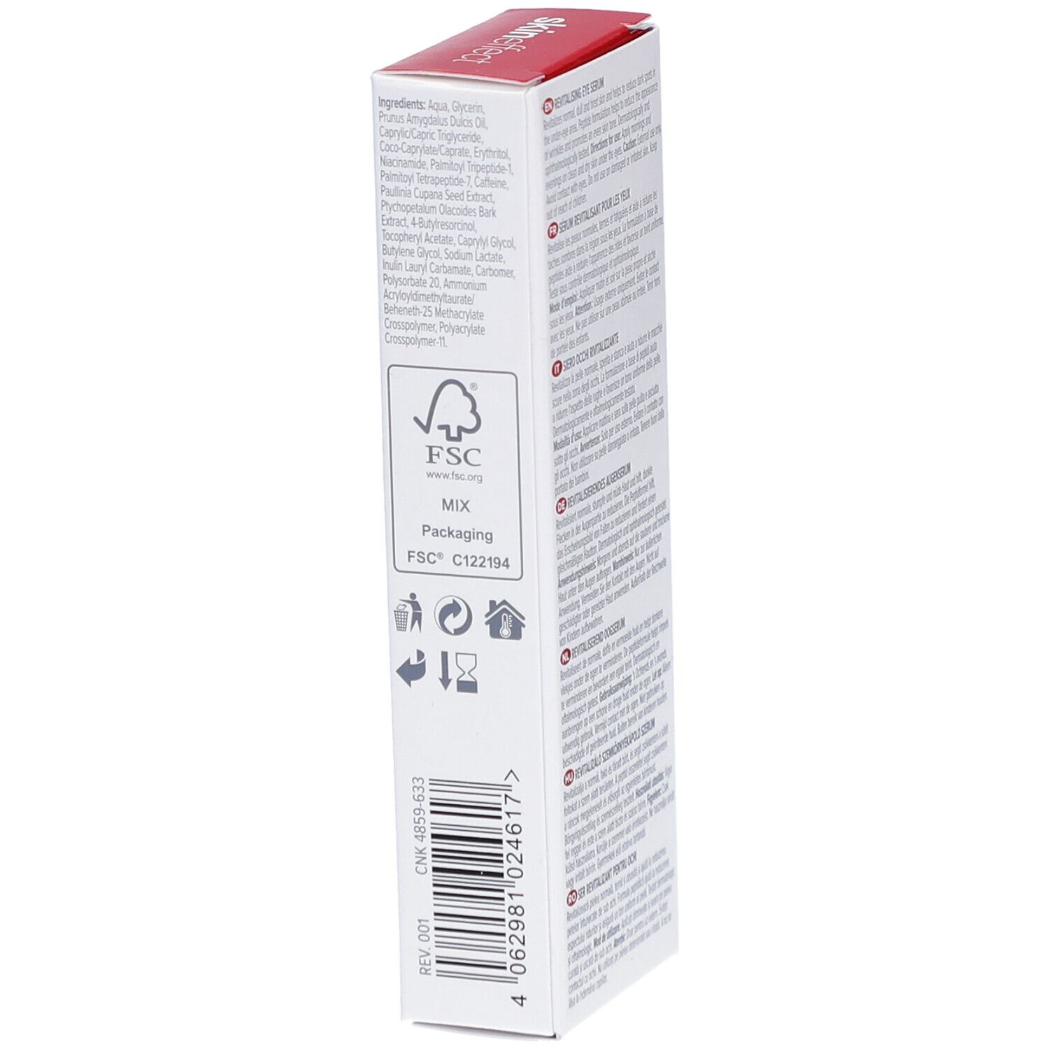 Côté de l'emballage du sérum yeux SKINEFFECT. Ingrédients, label FSC, symboles de recyclage, numéro de lot.
