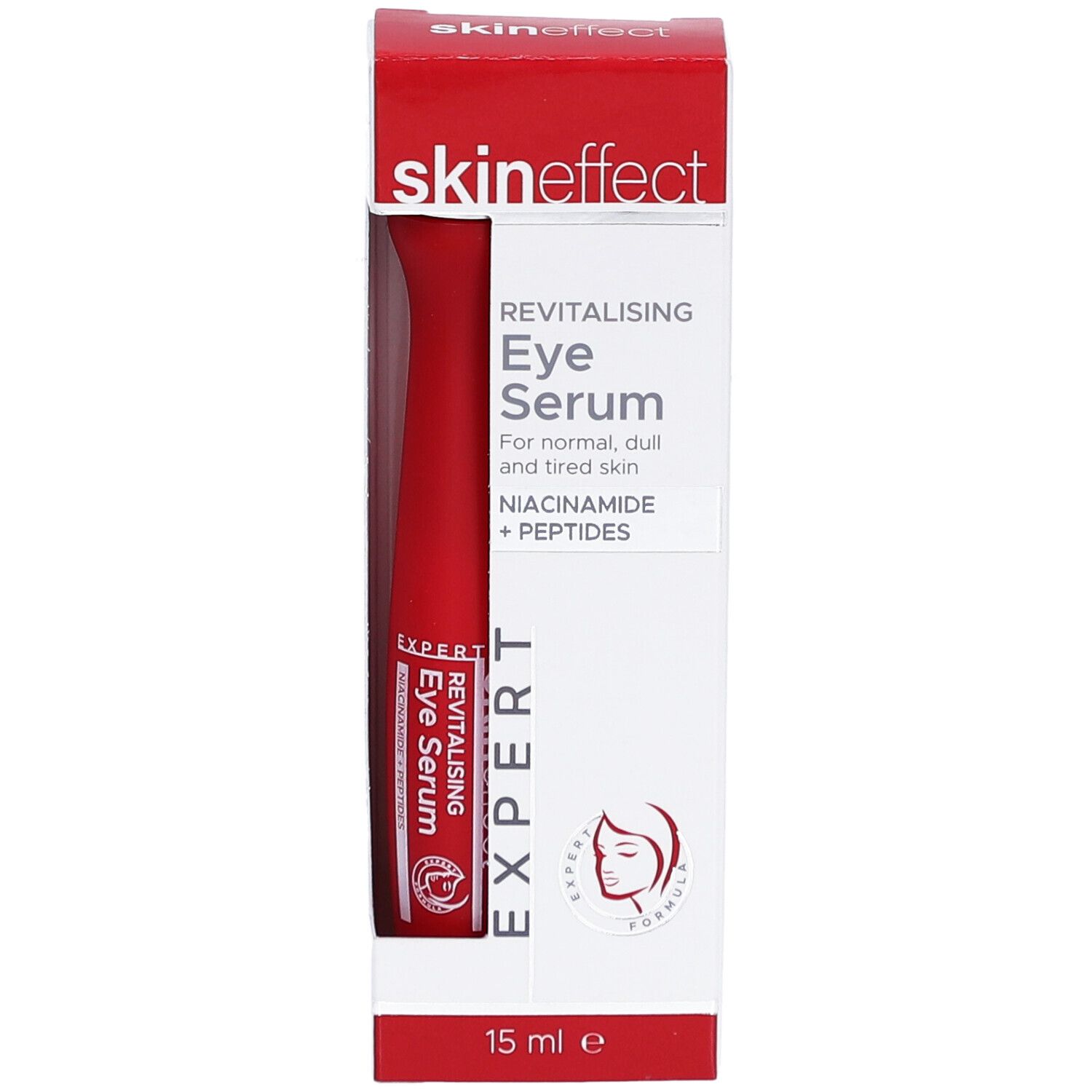 Sérum yeux SKINEFFECT dans son emballage. Tube rouge dans boîte blanche et rouge. Inscriptions : nom, désignation, ingrédients, 15 ml.