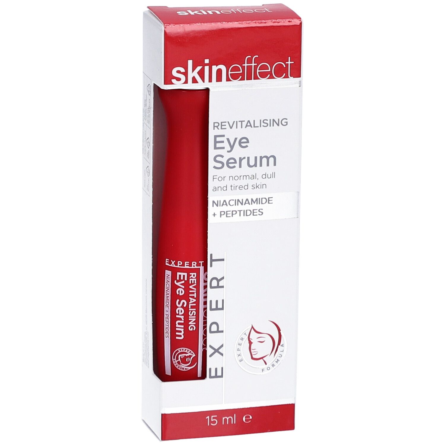 Sérum yeux SKINEFFECT dans son emballage. Tube rouge dans boîte blanche et rouge. Inscriptions : nom, désignation, ingrédients, 15 ml.