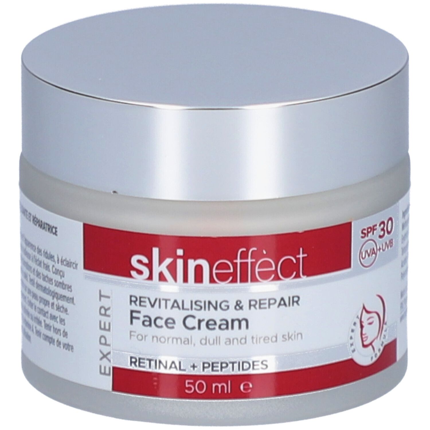 Pot de crème avec couvercle argenté et bande rouge. Inscription : skineffect, Crème Visage Revitalisante & Réparatrice, SPF 30.