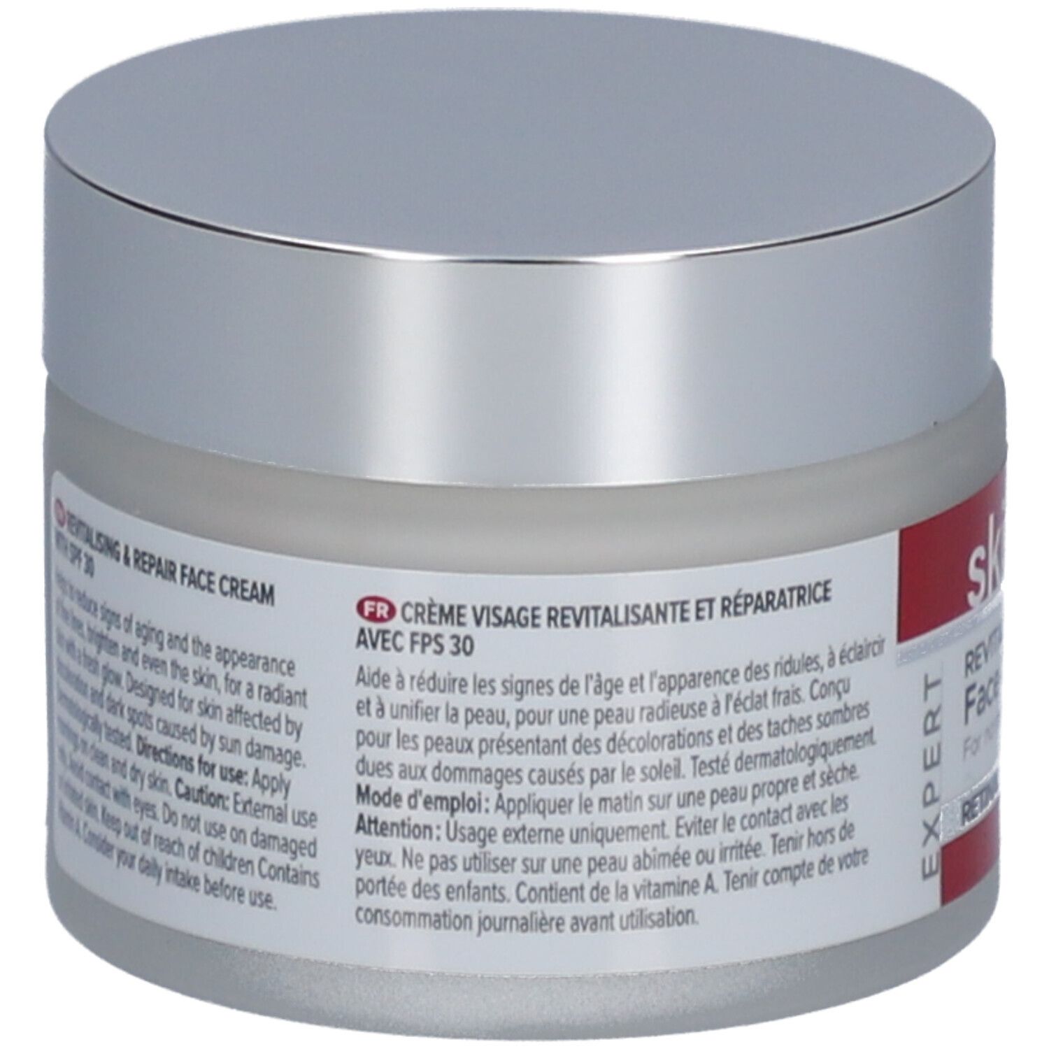 Dos du pot de crème avec texte. Inscription : Crème Visage Revitalisante & Réparatrice avec SPF 30. Texte en français.