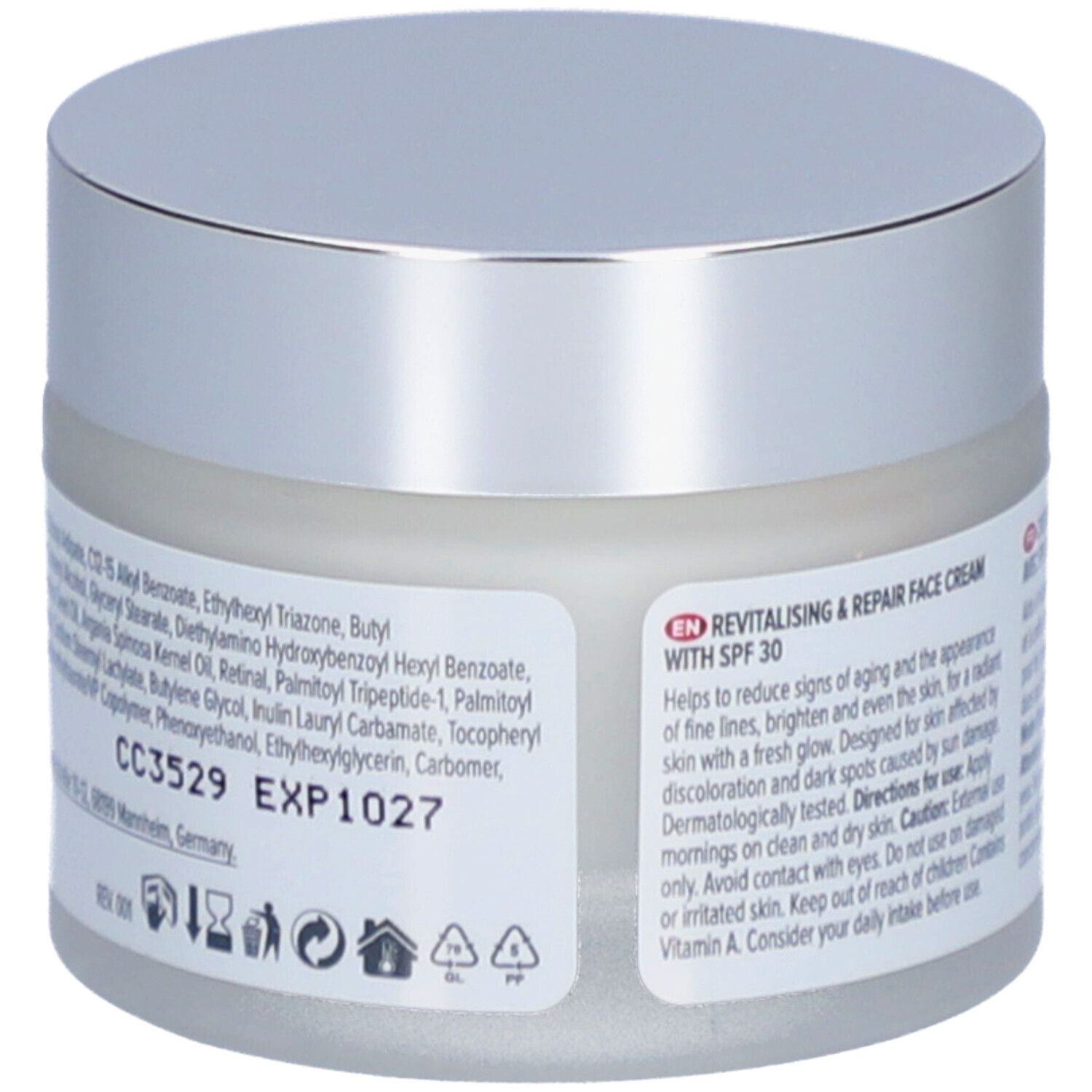 Dos du pot de crème avec ingrédients et texte. Inscription : Crème Visage Revitalisante & Réparatrice avec SPF 30.