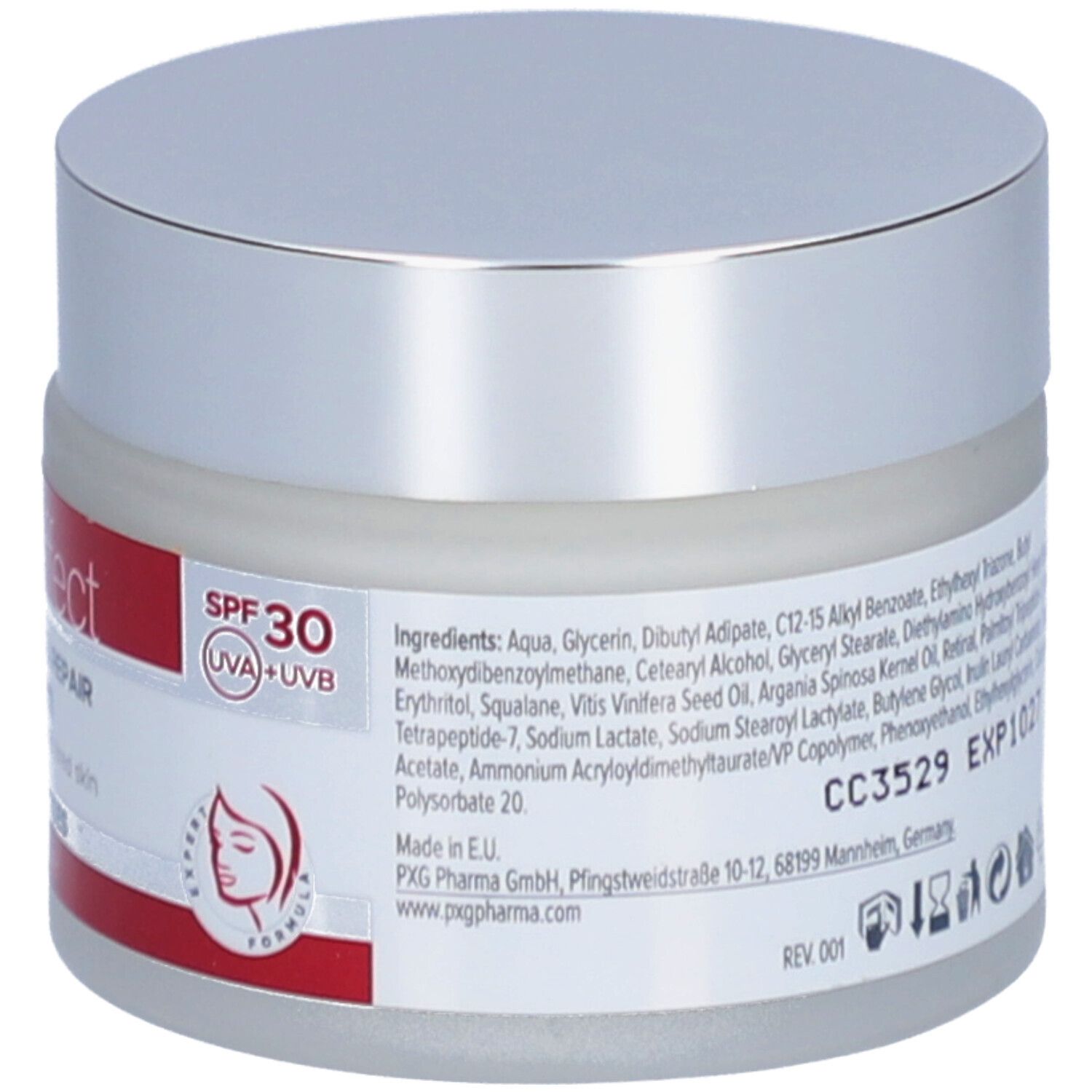 Pot de crème avec ingrédients et texte. Inscription : Crème Visage Revitalisante & Réparatrice avec SPF 30. Logo.