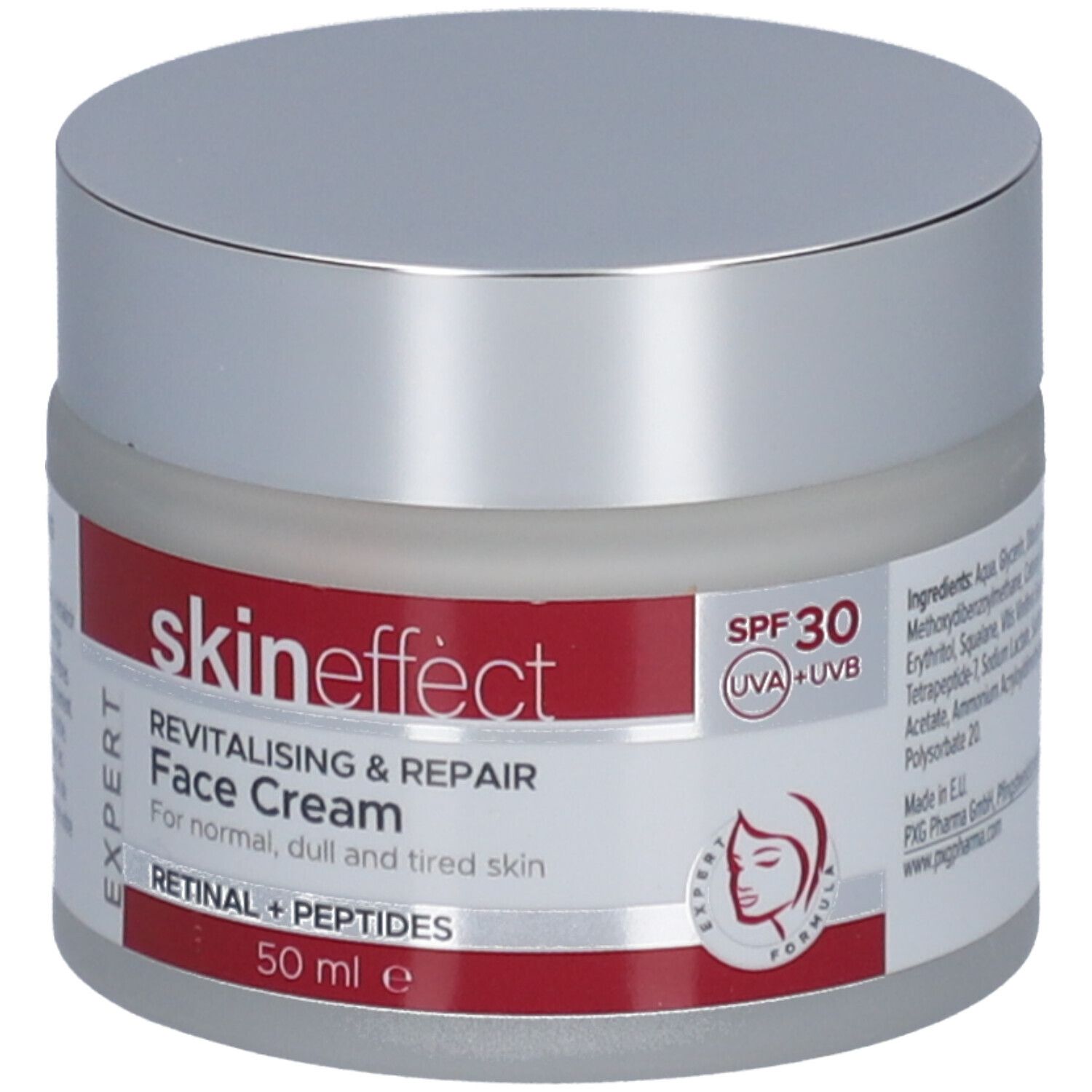 Pot de crème avec couvercle argenté et bande rouge. Inscription : skineffect, Crème Visage Revitalisante & Réparatrice, SPF 30.