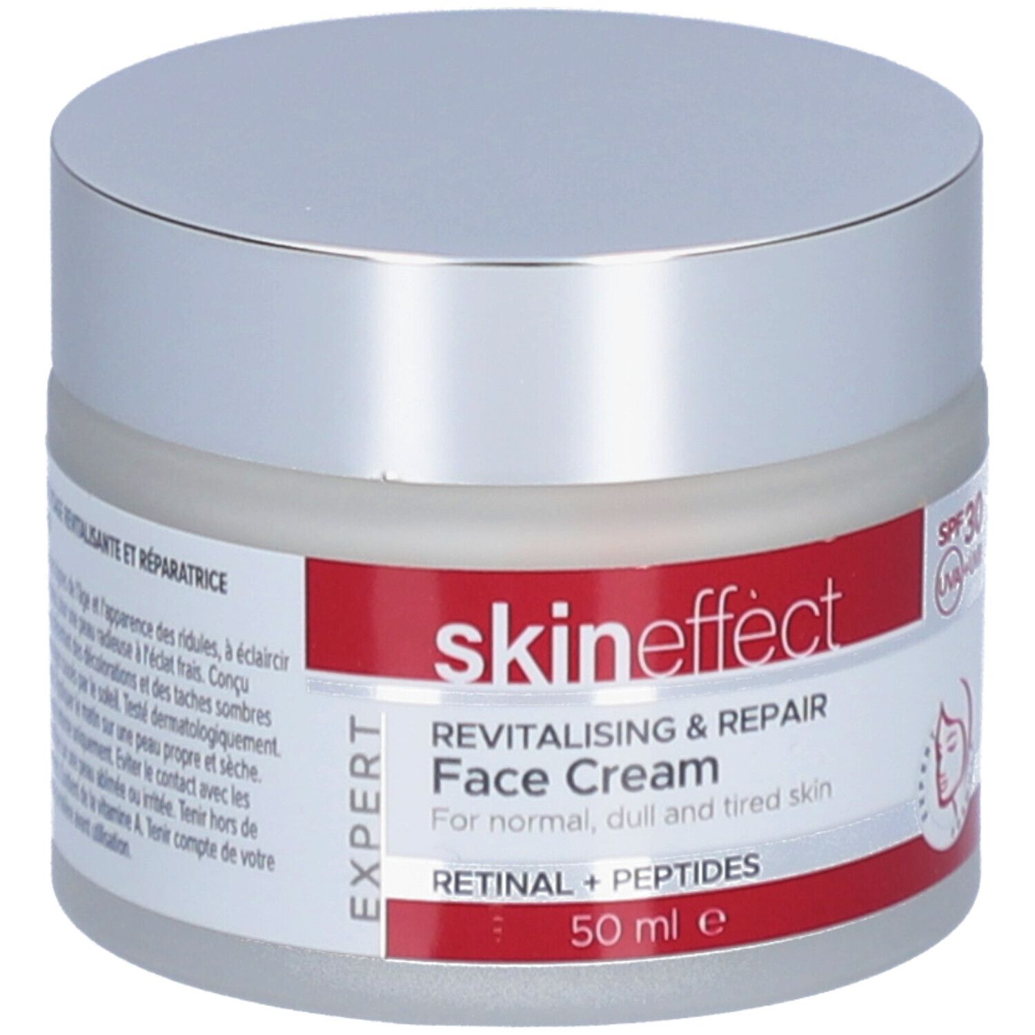 Pot de crème avec couvercle argenté et bande rouge. Inscription : skineffect, Crème Visage Revitalisante & Réparatrice, SPF 30.