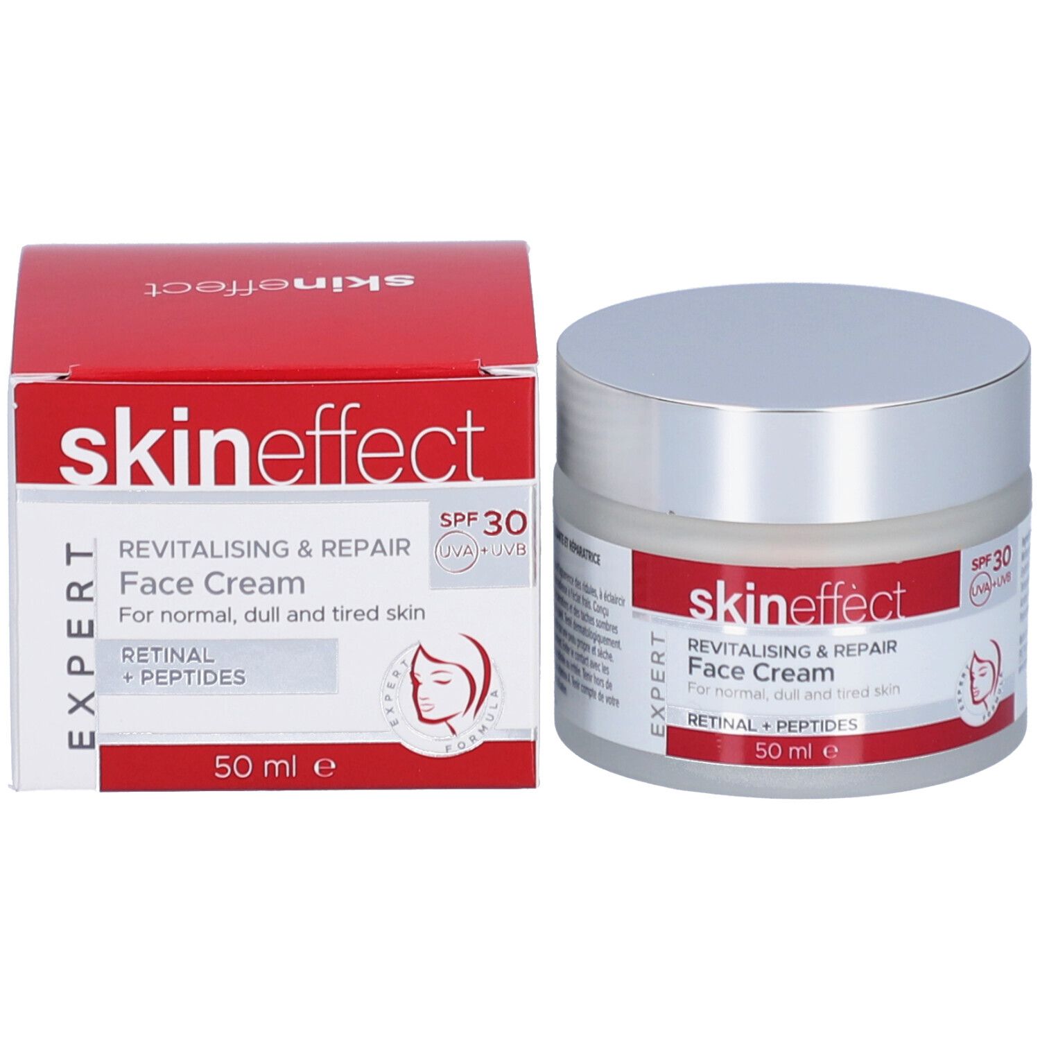 Pot de crème et boîte. Inscription : skineffect, Crème Visage Revitalisante & Réparatrice, SPF 30. Logo.